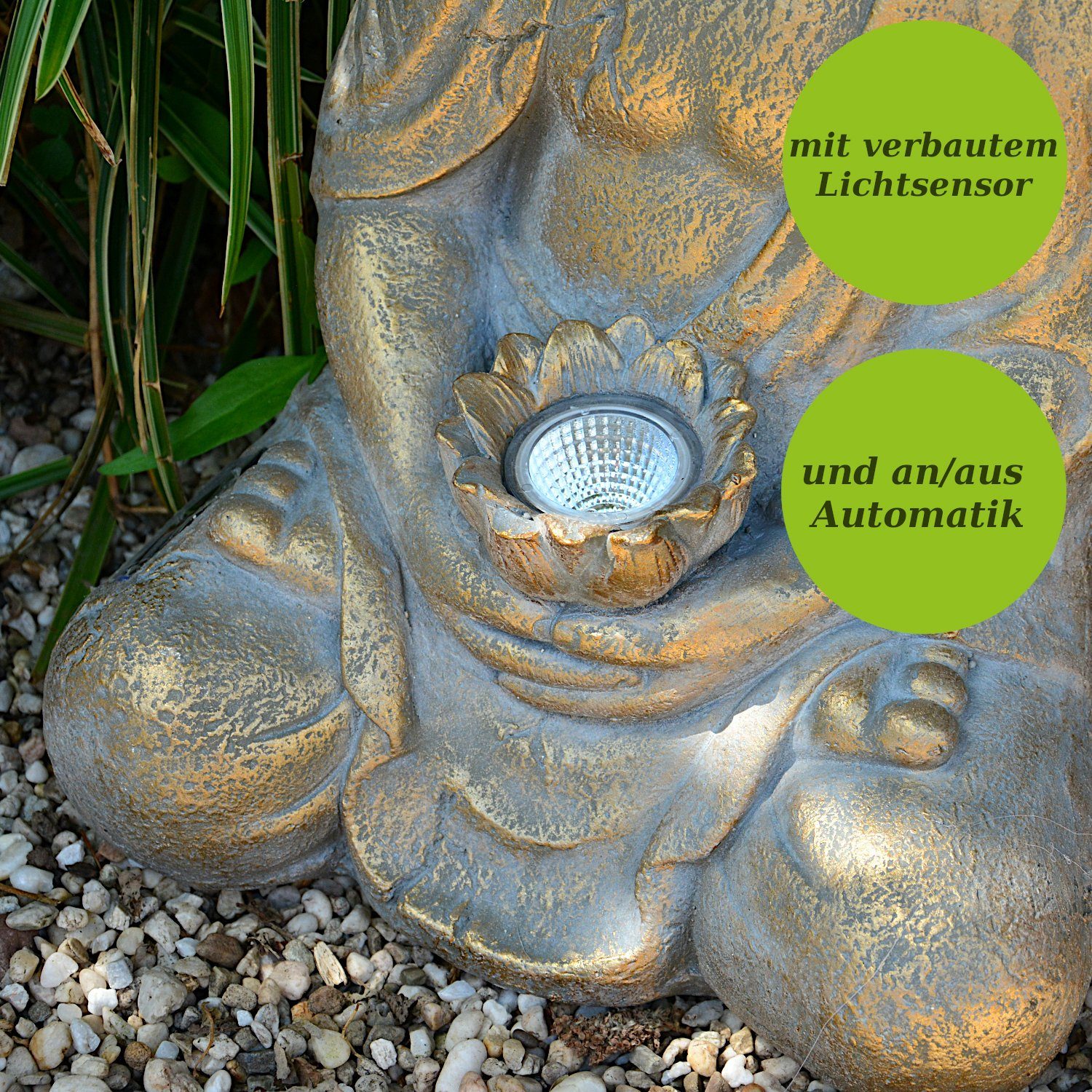 44cm Gartenfigur Buddha Figur und Sensorautomatik Garten Solarbeleuchtung INtrenDU Sensorautomatik, mit