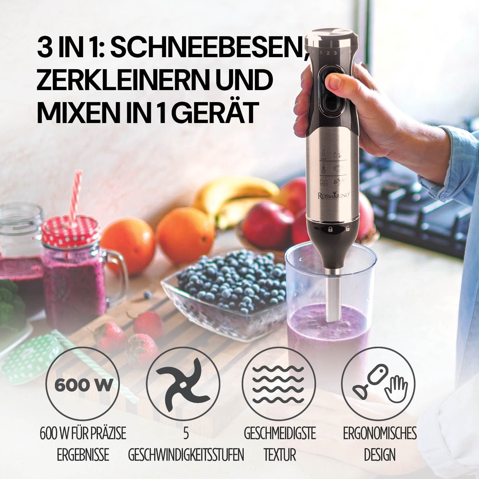 ROSMARINO Stabmixer Stabmixer Set Turbofunktion, Edelstahl, inkl. Mixbecher & Schneebesen, 600,00 W