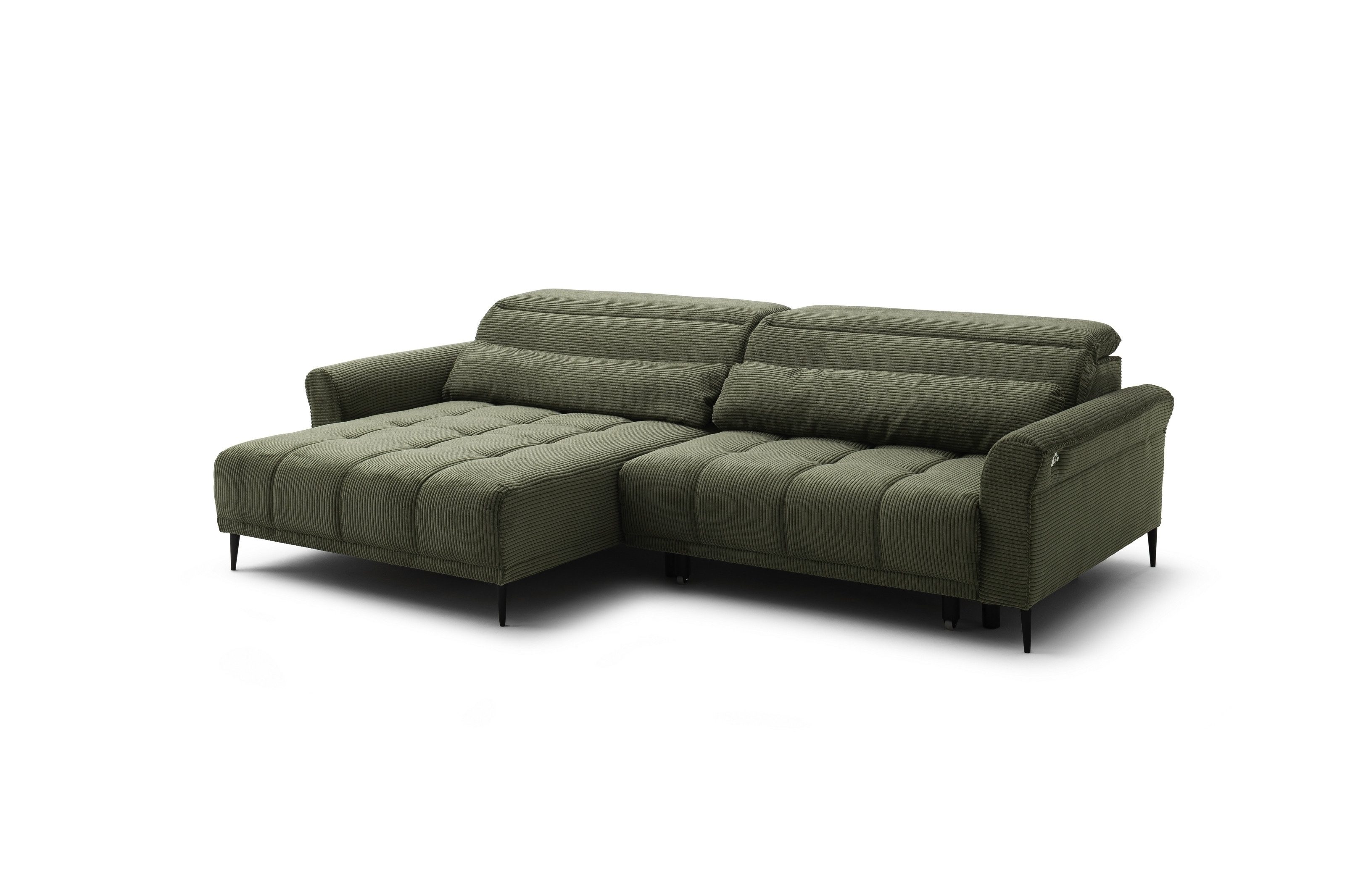 freiraum Wohnlandschaft Wolve, elektr. Sitzverstellung, 2 Kissen, Cord grün - 277x108x179cm (BxHxT)
