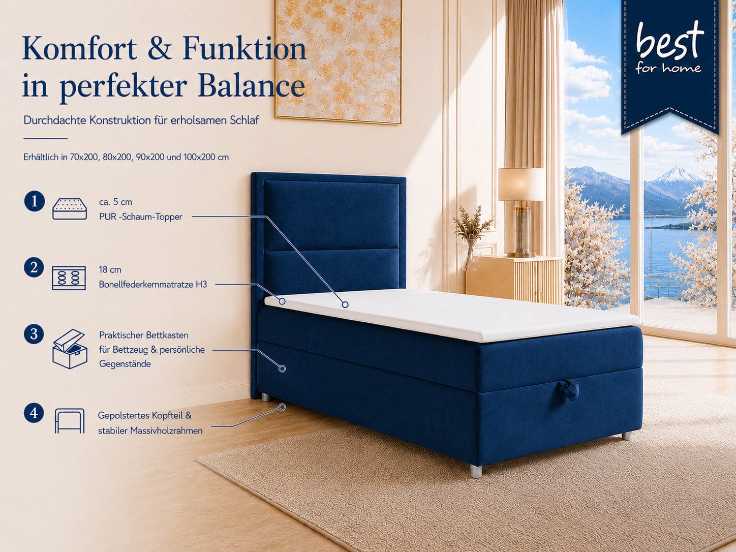 Best for Home Boxspringbett K-11 SINGLE mit Bettkasten, Bonellfederkern, Komfort Topper H3 (Hotelbett, Einzelbett, Kinderbett, Juniorbett, 5-St., 70x200 80x200 90x200 100x200 cm), Einzelbett mit integriertem Stauraum, gepolstertem Kopfteil