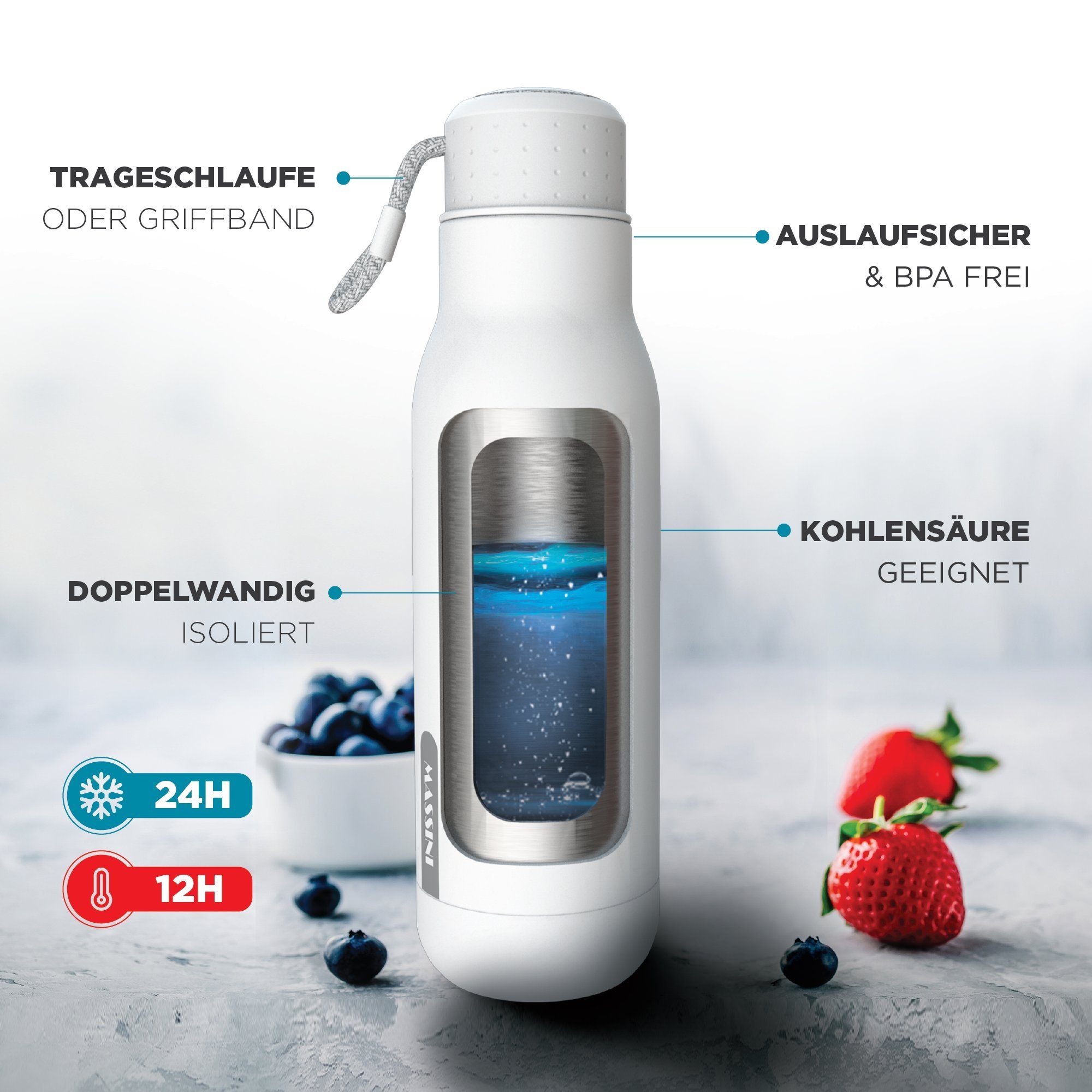 Isolier- Auslaufsicher, und Massini Edelstahl Pulverbeschichtung, Thermoflasche Weiß Kohlensäure geeignet, Design Trinkflasche BPA-Frei Trinkflasche