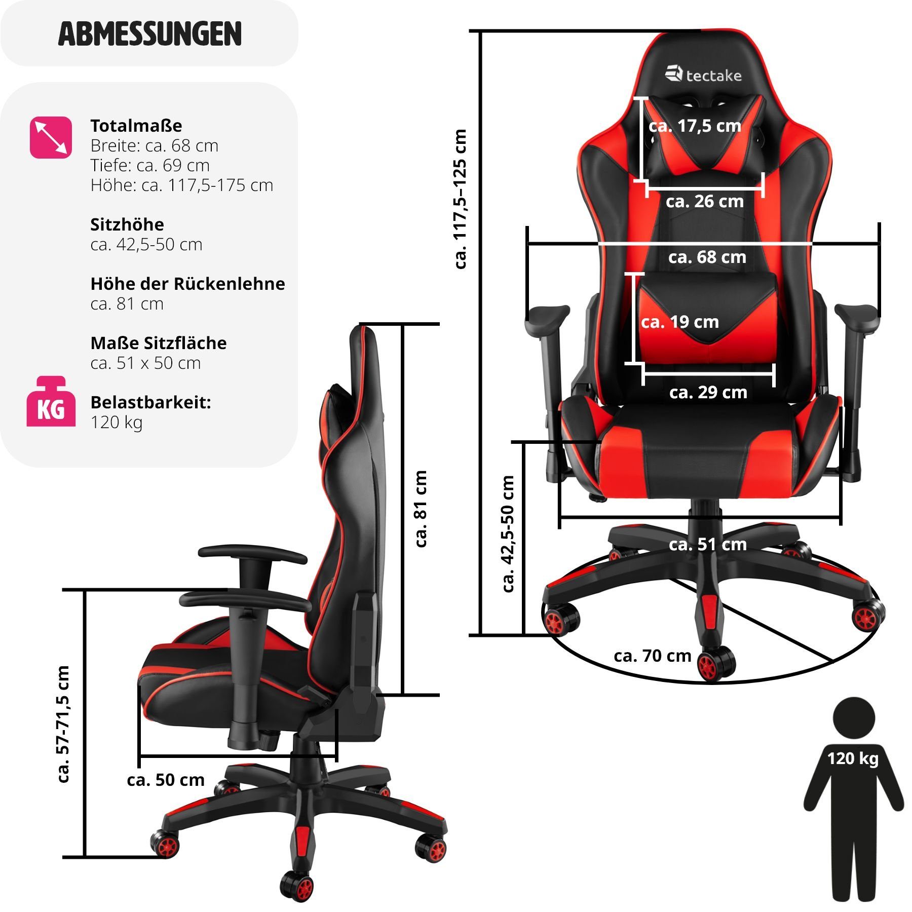 1 schwarz/rot St), tectake Kopf- Lendenkissen Gaming-Stuhl Twink und (1er,