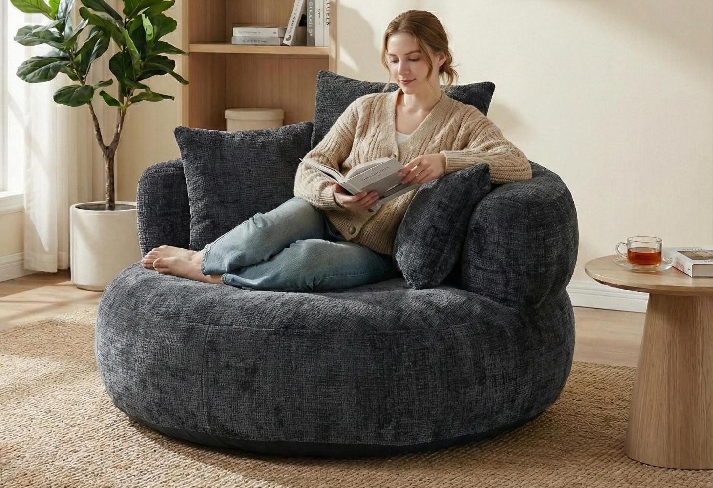 LVHOM Sitzsack 108x108x52cm Chenille Premium Sofa mit 3 extra Kopfkissen (K günstig online kaufen