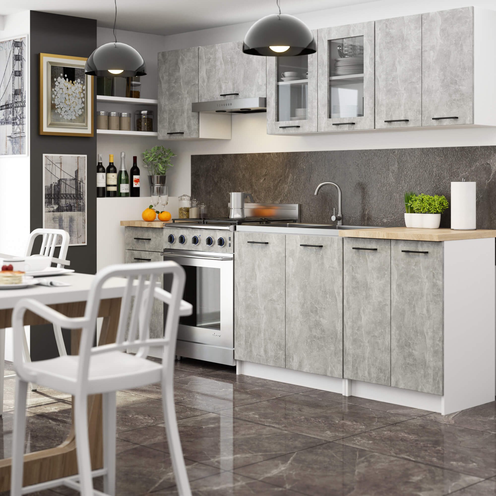 Raumhirsch Furniture Küchenzeile Modularer Küchenblock in Betonoptik - Viel Stauraum - Küchenmöbel, Stylische Küchenzeile mit Hängeschränken & Unterschränken