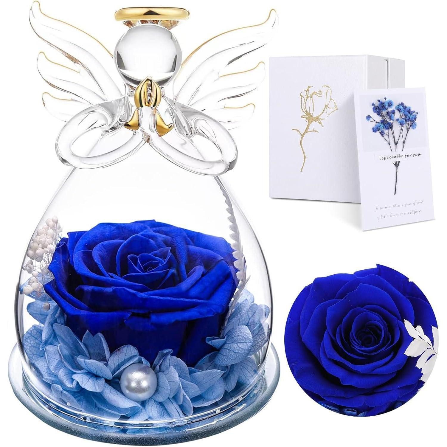 Trockenblume Ewige Rose Glaskuppel Engelsfigur Rosen Geschenk Mutter Oma Engel-blau, LuxusKollektion
