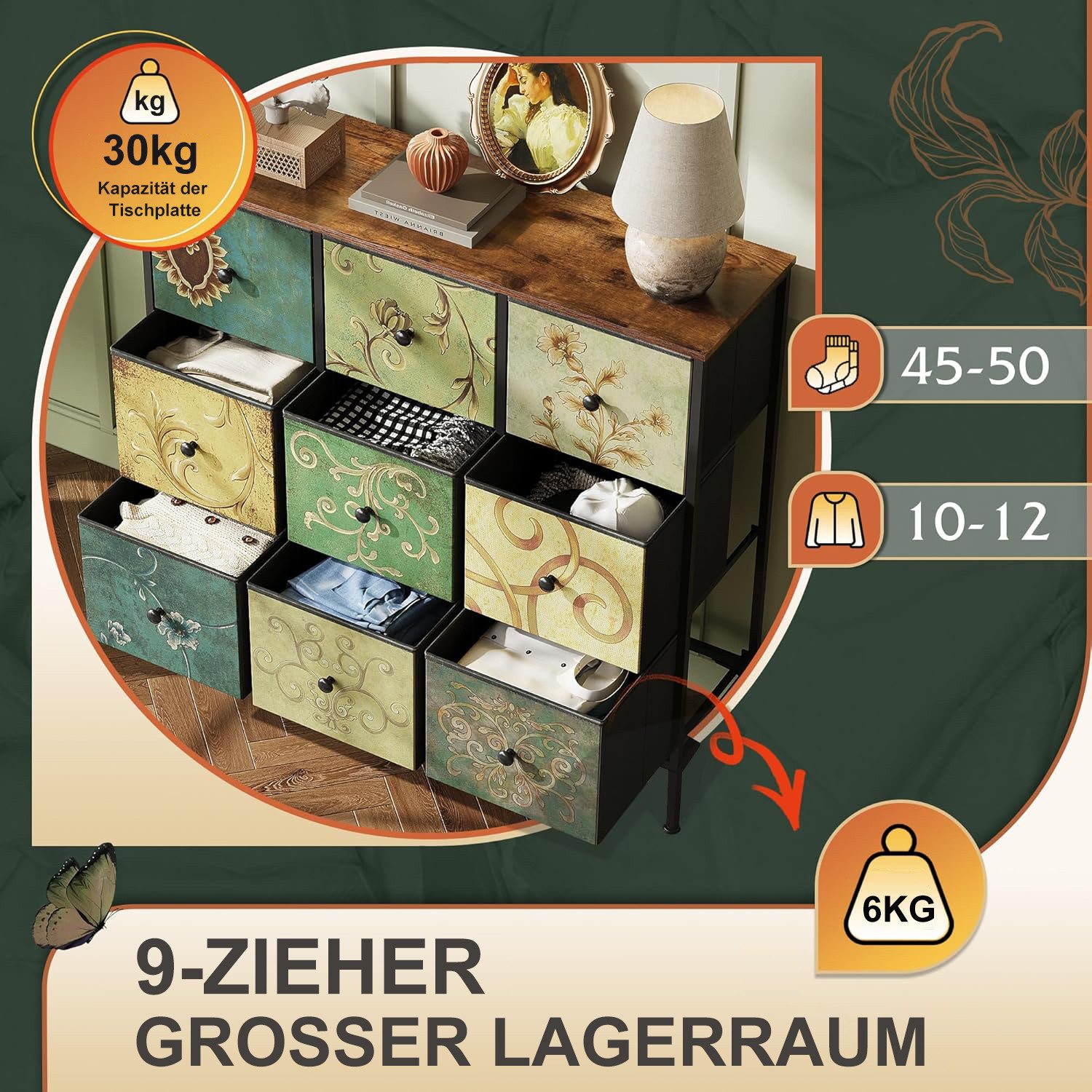 Furnishings Home Schubkastenkommode Sideboard Kommode Nachttisch Moderne (1 tlg. 100 x 30 x 86.5 cm (BxTxH), 9 Schubladen, Retro-Stil, Blumenstoff