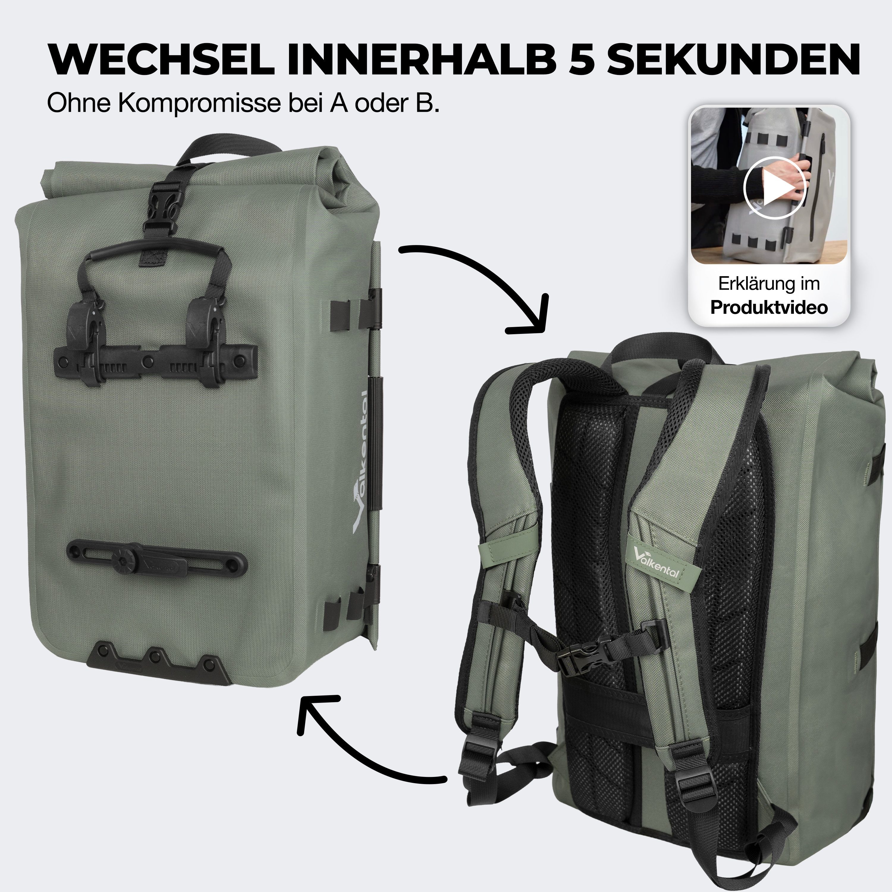 Valkental Fahrradtasche TrailX 2in1 Gepäckträgertasche & Rucksack (28L, Laptopfach, Rückenpolster), wasserdicht & reflektierend