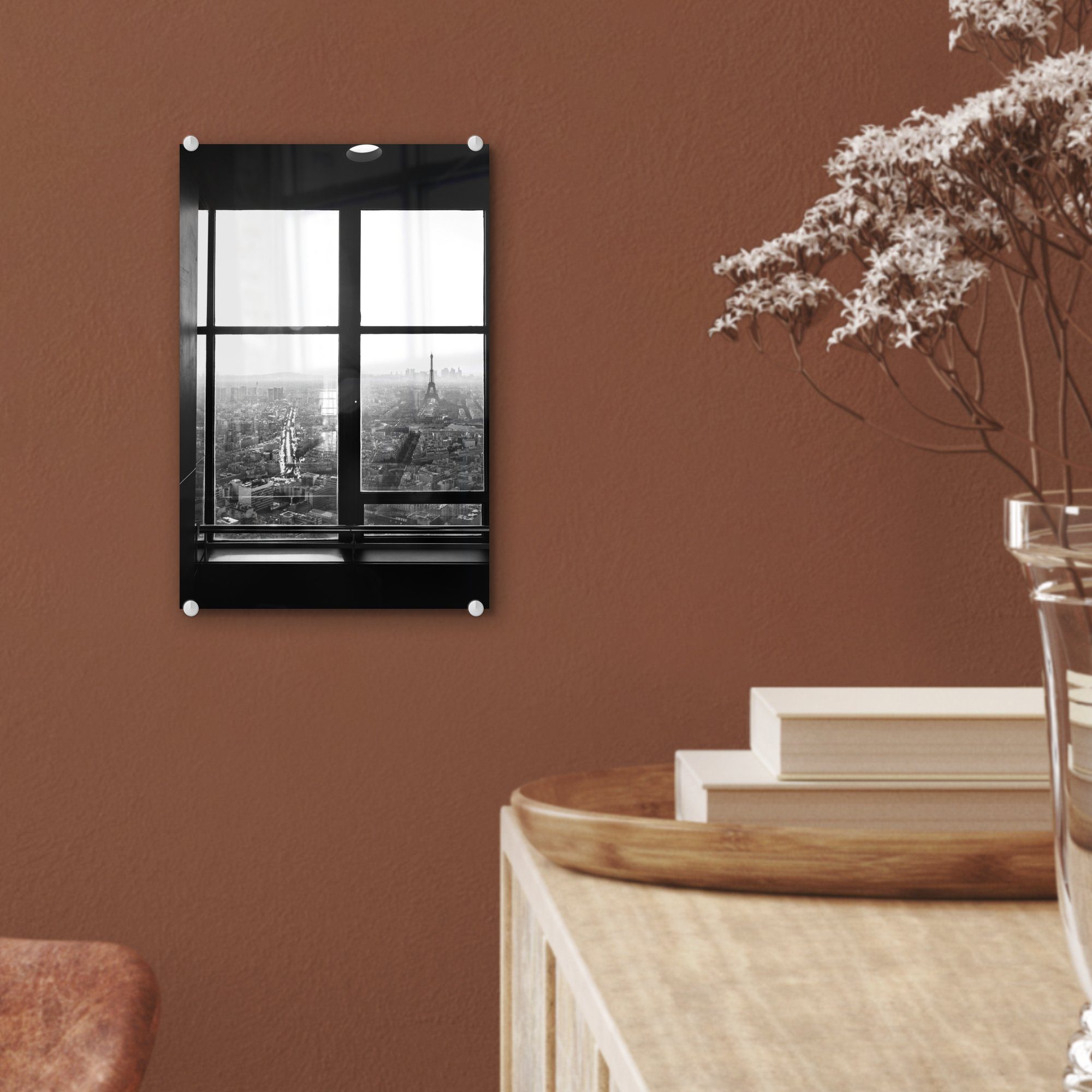 auf Foto und Eiffelturm St), - - Blick auf Glas Acrylglasbild (1 schwarz-weiß, Wandbild Paris Wanddekoration MuchoWow - den Bilder Glas Glasbilder - auf