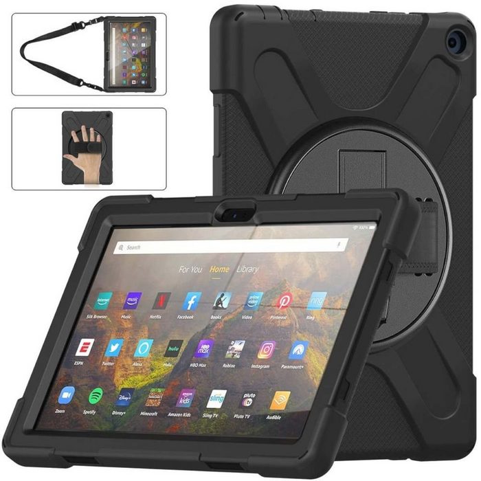 Wigento Tablet-Hülle Für Amazon Kindle Fire HD 10 / 10 Plus 2021 360 Grad Hybrid Outdoor Schutzhülle Case Schwarz Tasche Cover Etuis