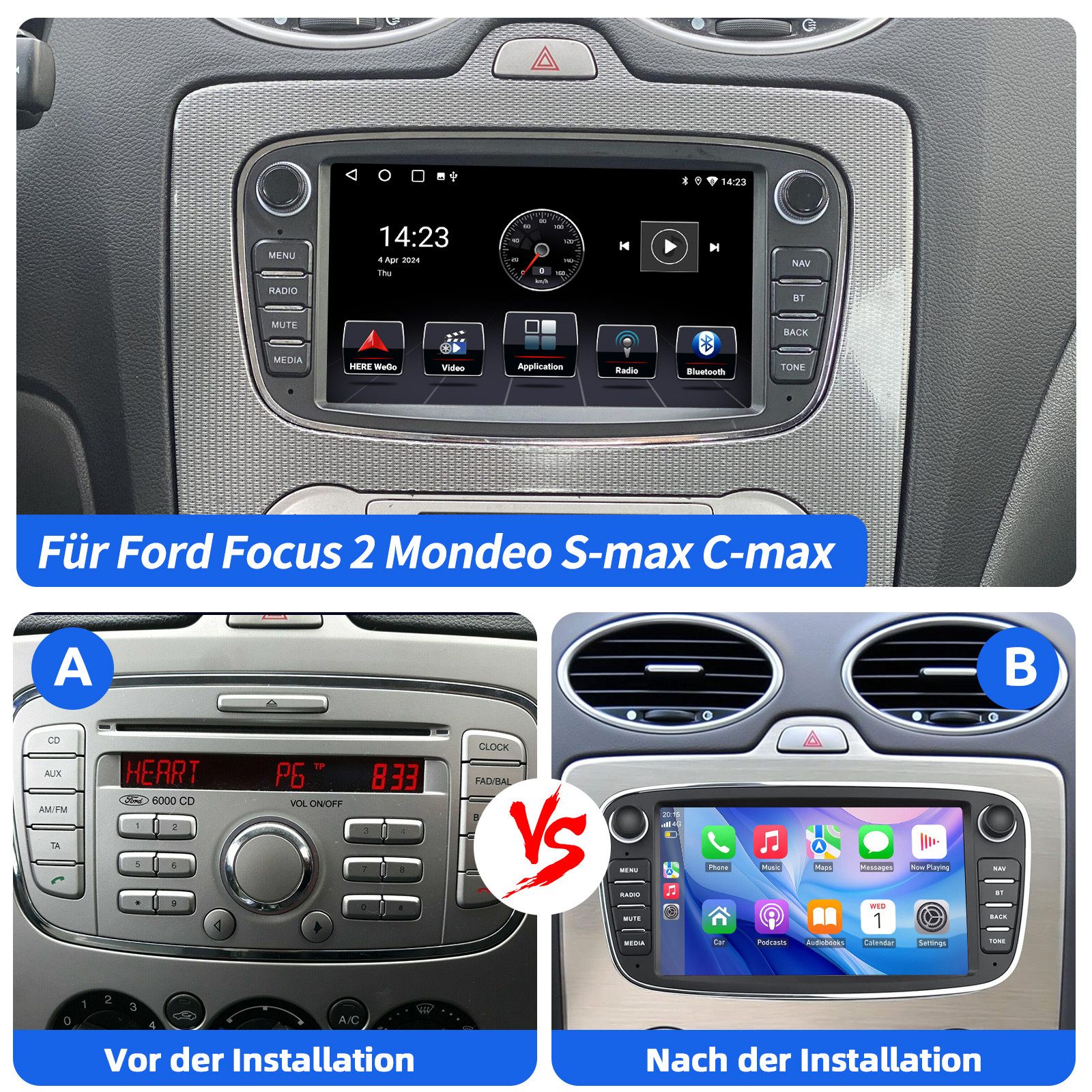 ESSGOO Android15 Für Ford Focus Mk2 Mondeo C/S-MAX Galaxy Kuga GPS Autoradio Navigationsgerät (Carplay Android Auto Bluetooth EQ USB GPS Navi WIFI Touchscreen) – Bild 4 von 5