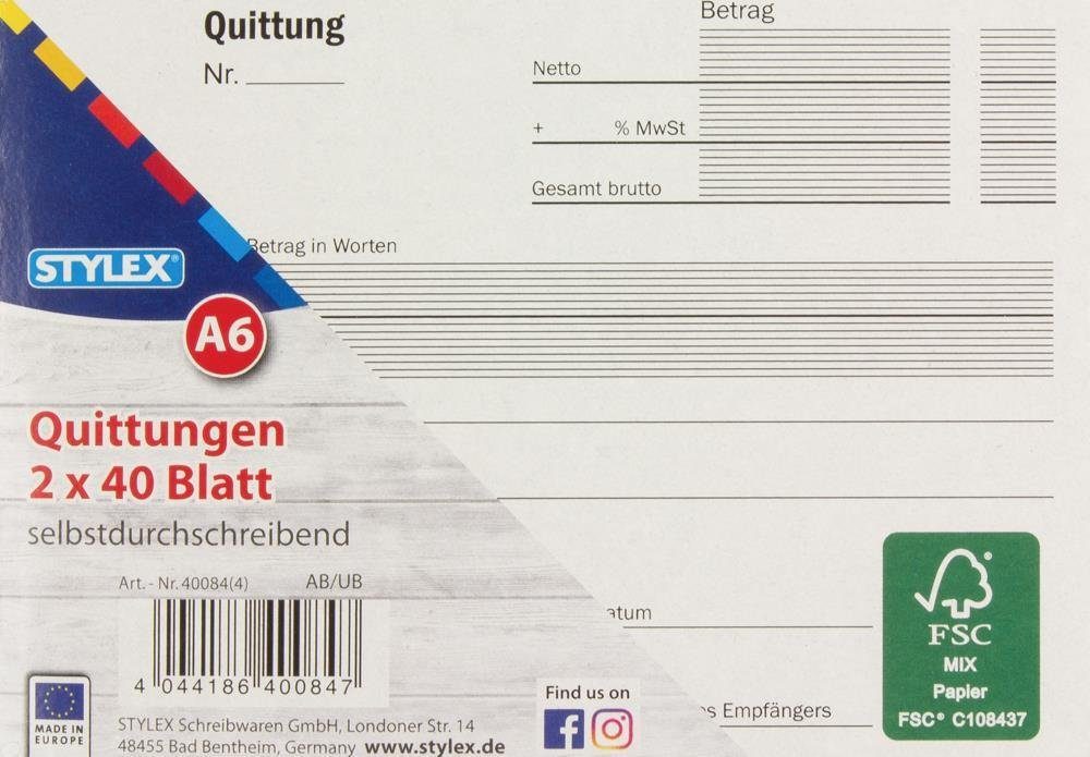 Formularblock Stylex Quittungsblock 2x40 Blatt DIN A6 selbstdurchschreibend