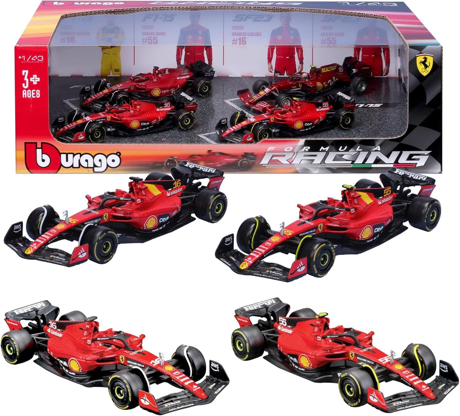 Bburago Modellauto Bburago Paket=4 Modellautos F1 Ferrari SF-23-4 1:43 Ferrari-Lizenz 3+