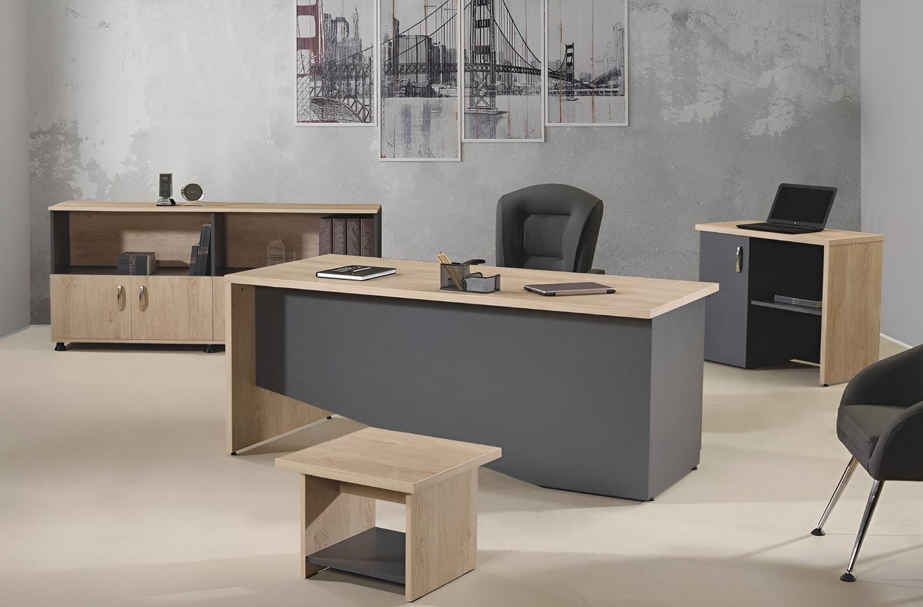 JVmoebel Büromöbel-Set Elegantes Büromöbel Set in Grau Holz für modernes Home Office, (4-tlg., 1x Bürotisch + 1x Tisch + 1x Couchtisch + 1x Kommode ohne Sessel), Made in Europa