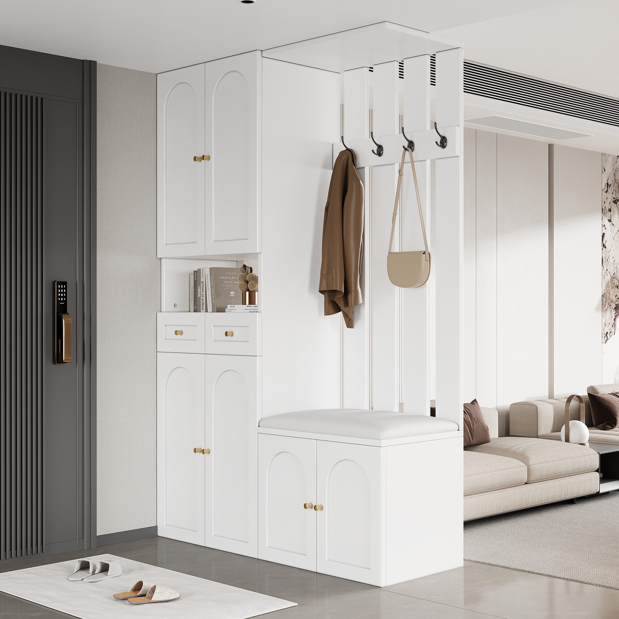 Merax Garderoben-Set Garderobenset mit Schuhschrank, Schuhbank, (1-St., Kleiderschrank, Wandgarderobe mit 4 Haken, 6 Türen, 2 Schublade), Flurmöbel, Garderobenständer, Weiß