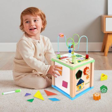 Arkmiido Lernspielzeug 7-in-1 Aktivitätswürfel aus Holz (Set, Aktivitätszentrum mit Zeichentafel, Magnetpuzzle, Perlenwickelspiel), Multifunktional Holzspielzeug Kinderspielzeug für Kinder ab 18 Monaten