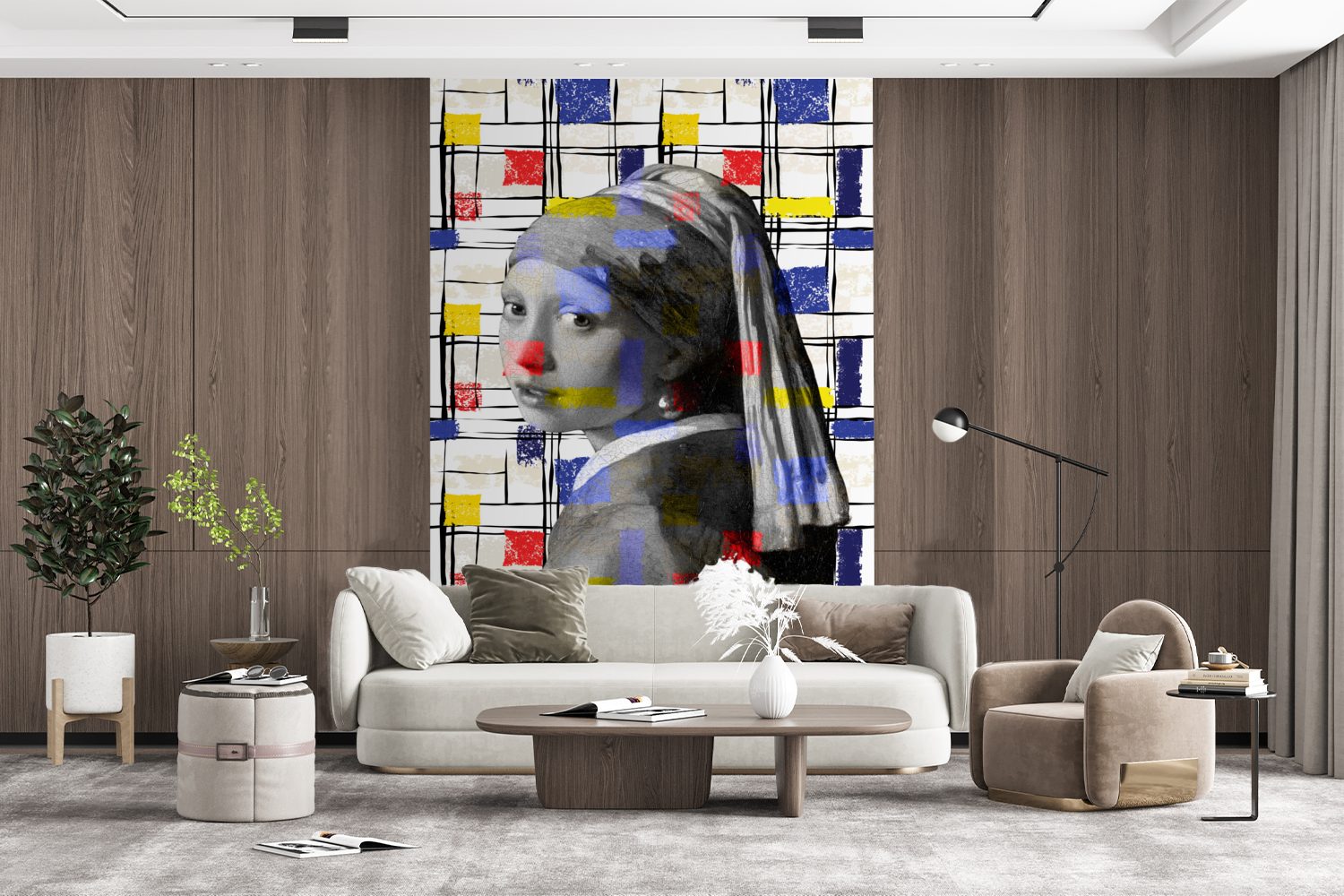 MuchoWow Fototapete Mondrian Wandtapete bedruckt, Tapete mit Wohnzimmer, Perlenohrring Montagefertig Matt, - Vinyl - Mädchen für (3 St), Collage