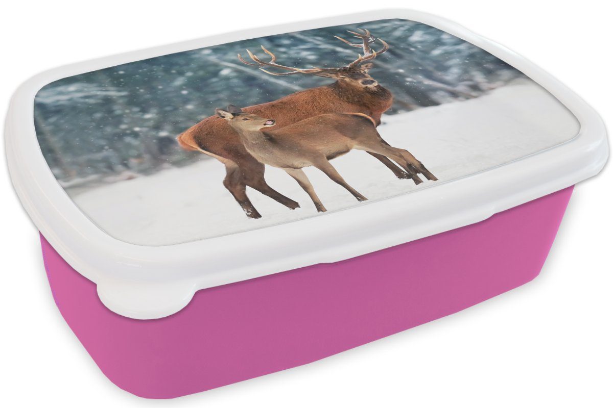 rosa - Erwachsene, Kunststoff - Mädchen, Kunststoff, Kinder, Schnee, Wald Snackbox, Brotdose für Hirsche MuchoWow Lunchbox Brotbox (2-tlg),