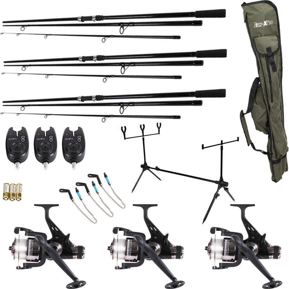 Fish-XPro Karpfenrute XXL Karpfenset "Carp Improve Pro" Set mit 3 Angelruten, (Karpfen Angeln Komplett-Set), Freilaufrollen, Bissanzeiger, Rod Pod und Tasche für 3 Ruten