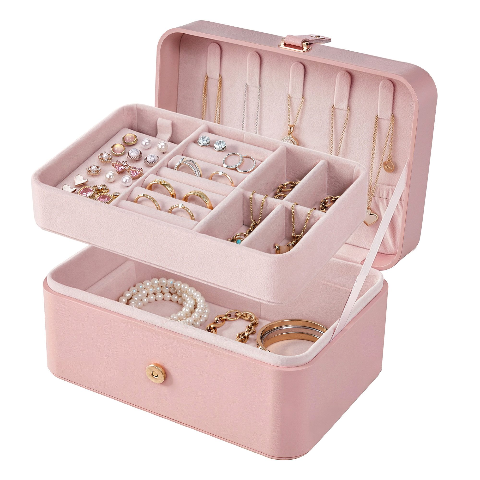 SONGMICS Schmuckkasten Schmuckkästchen Reise, Schmuckaufbewahrung, für größere Accessoires, 2 Ebenen, tragbar, Schmuck-Reiseetui, Geschenkidee, rosa