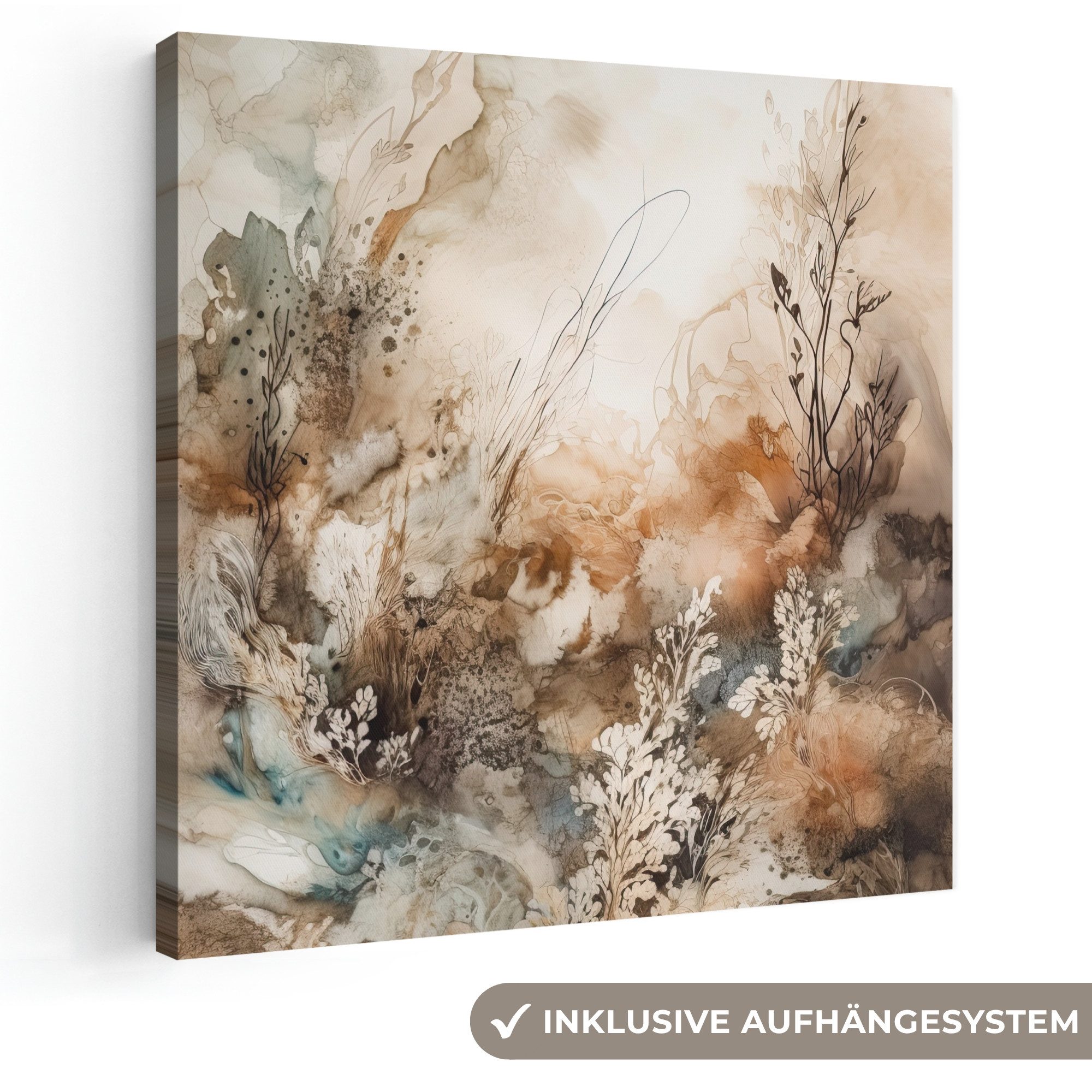 OneMillionCanvasses® Leinwandbild Abstrakt - Beige - Farbe - Kunst - Natur - Blumen, Fotodruck (1 St), Wandbild, Deko Schlafzimmer Wohnzimmer Flur 20x20 cm