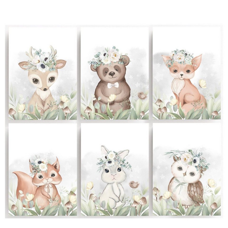 homestyle-accessoires Poster Bilderset WALDTIERE - BÄR FUCHS EULE HASE  EICHHÖRNCHEN BAMBI Kinderbilder Nursery 6er SET DIN A4 ODER DIN A3 Prints  ---VERSANDKOSTENFREI---, Ohne Bilderrahmen