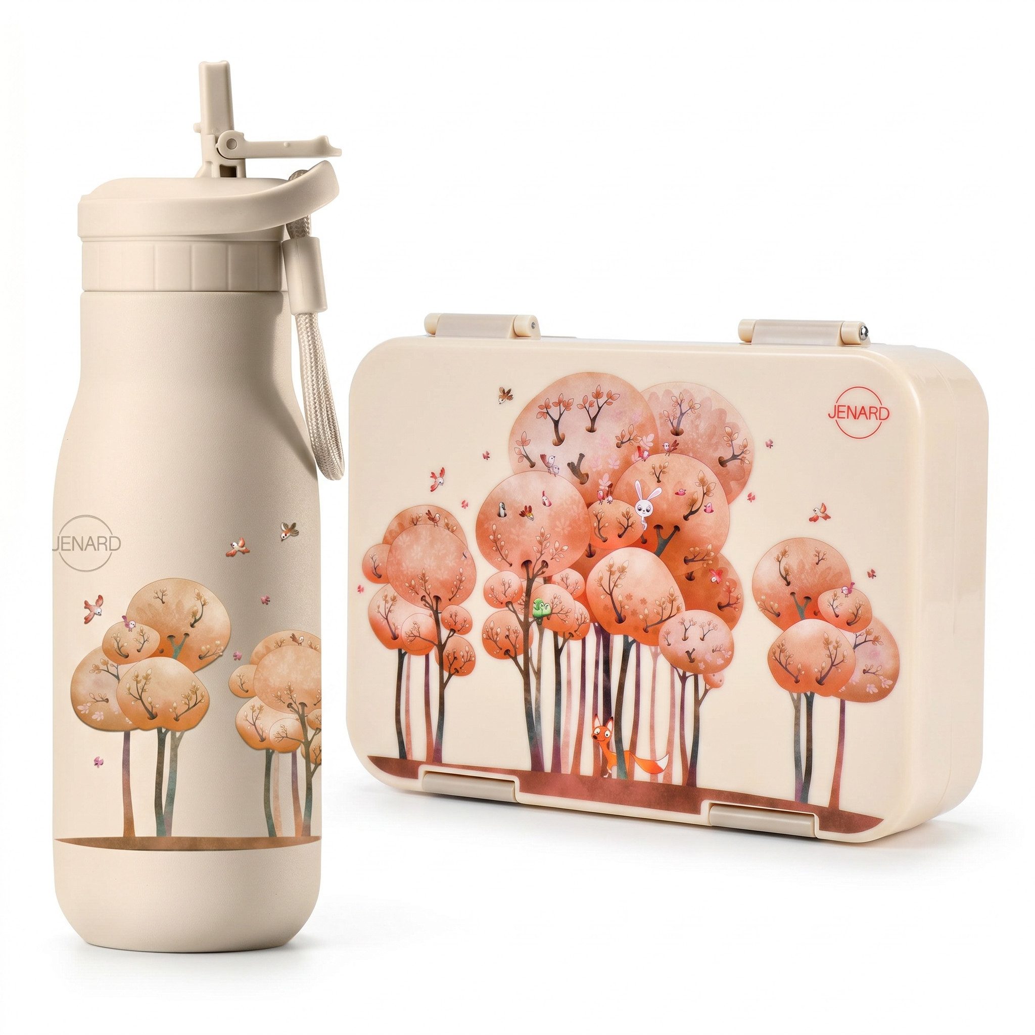 JENARD Lunchbox Brotdosen Set Kinder mit Edelstahl Trinkflasche Tiere im Wald, (Brotdosen- und Trinkflaschen-Set, 2-teiliges Set, Brotdose und Trinkflasche, Kindergarten-Set, Schul-Set), BPA-frei, Lebensmittelecht, Kindgerecht, Wiederverwendbar, Robust