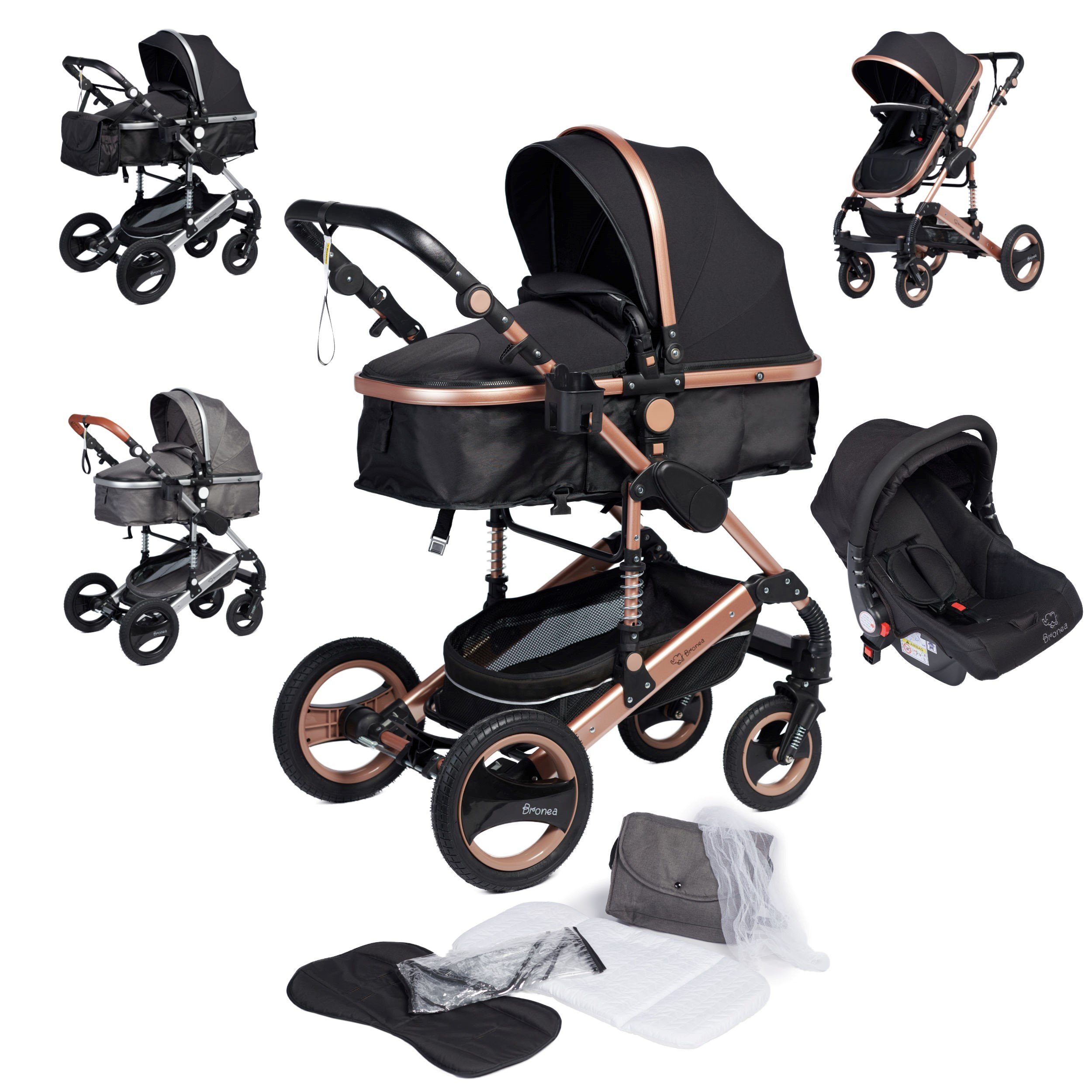 Bronea Kombi-Kinderwagen EXQUISE Коляски 3in1 mit MATRATZE, BUGGY & AUTO-BABYSCHALE, Schwarz/Champ.,Gummi Reifen,Wickeltasche,Regen-,Mücken-& Sonnenschutz