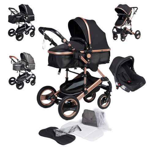 Bronea Kombi-Kinderwagen EXQUISE Kinderwagen 3in1 mit MATRATZE, BUGGY & AUTO-BABYSCHALE, Schwarz/Champ.,Gummi Reifen,Wickeltasche,Regen-,Mücken-& Sonnenschutz