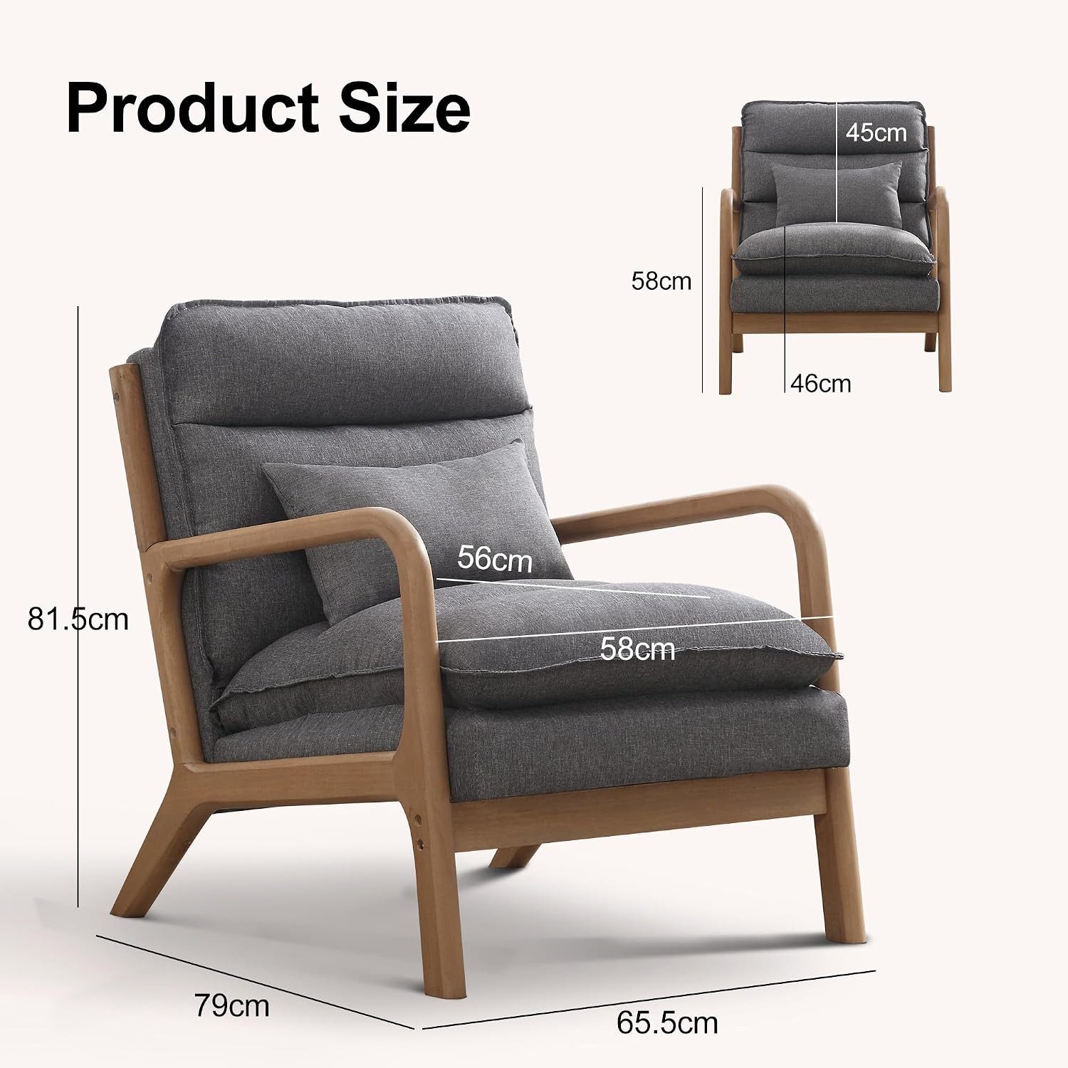 CANMOV Relaxsessel Sessel mit Kissen, Loungesessel mit hoher Rückenlehne, Einzelsessel (2-St), Natürliches Holz, Liegestuhl mit Armlehne und Kissen, für Wohnzim – Bild 2 von 5