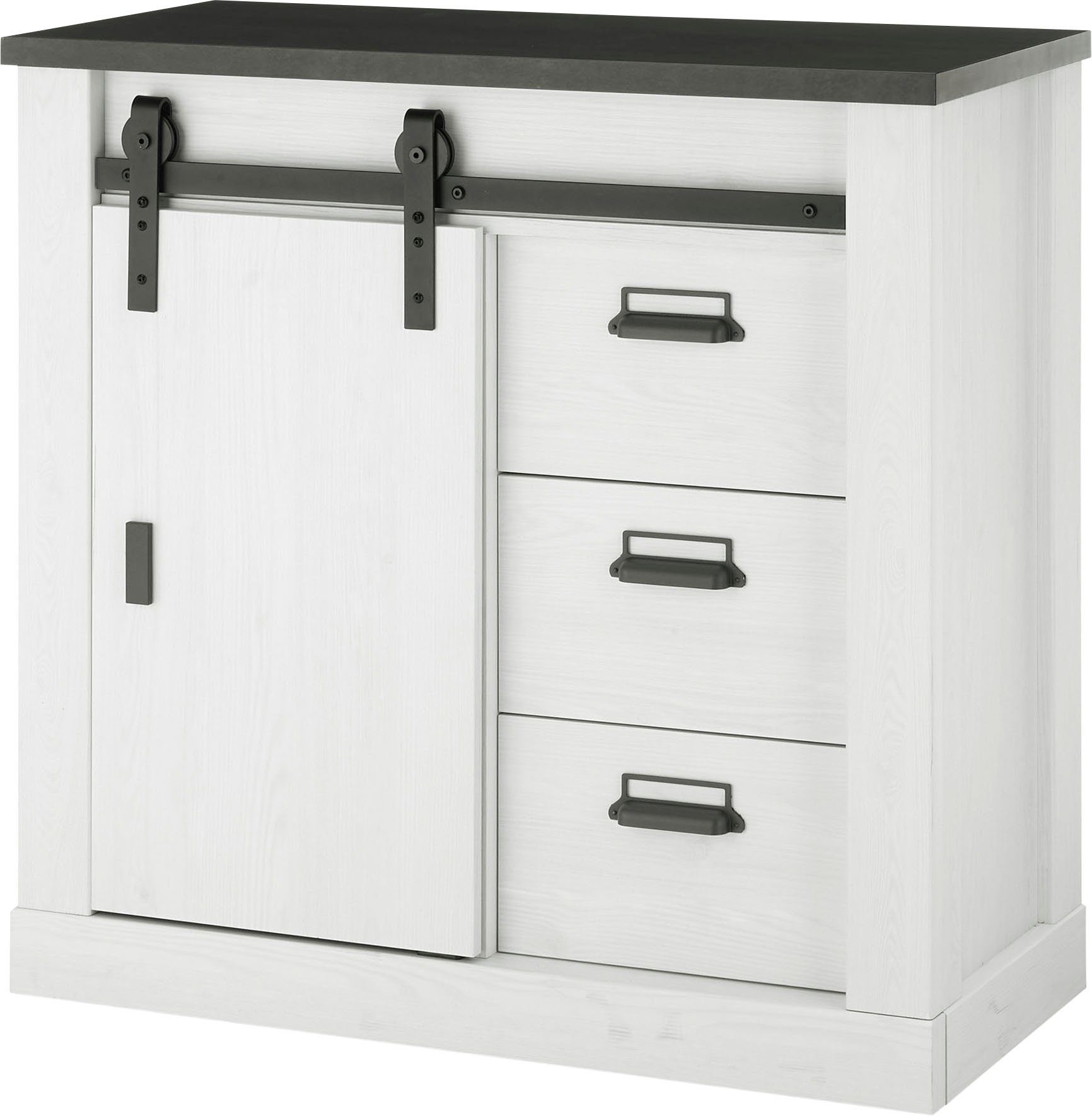 Home affaire Kommode Sherwood, Sideboard im Industrial-Style, Schrank, Stauraumelement, mit Scheunentorbeschlag & Apothekergriffen, in 2 Farben erhältlich