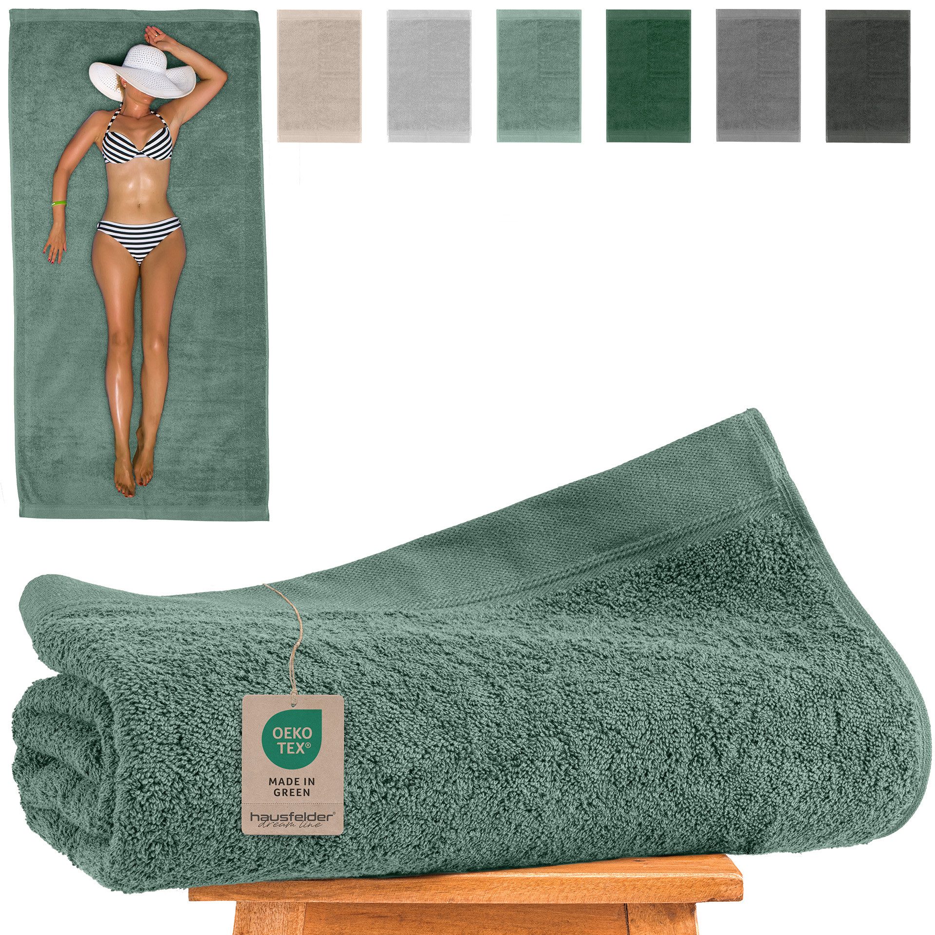 Hausfelder Saunatuch Saunahandtuch XXL (Dunkelgrün, Badehandtuch groß 100x200cm), (1-St), Mit Aufhängeschlaufen, saugstark