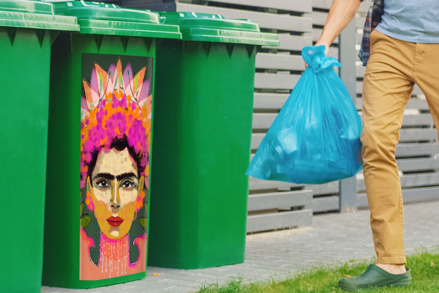 MuchoWow Wandsticker Farben Porträt (1 Sticker, St), - Mülltonne, - - Abfalbehälter Mülleimer-aufkleber, Frau Rosa Container