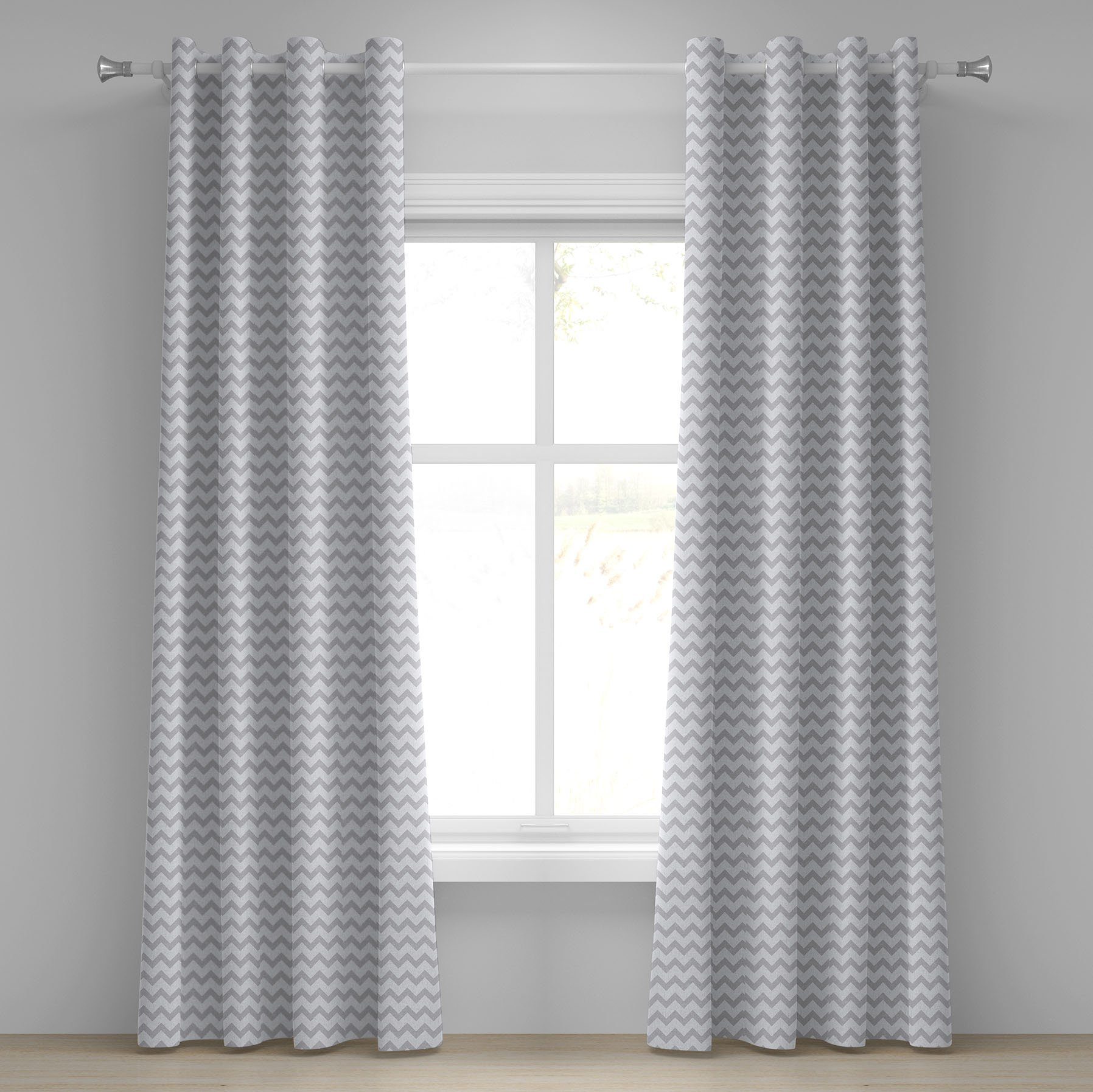 Gardine Dekorative 2-Panel-Fenstervorhänge für Schlafzimmer Wohnzimmer, Abakuhaus, Grau und Weiß geometrische Zigzag