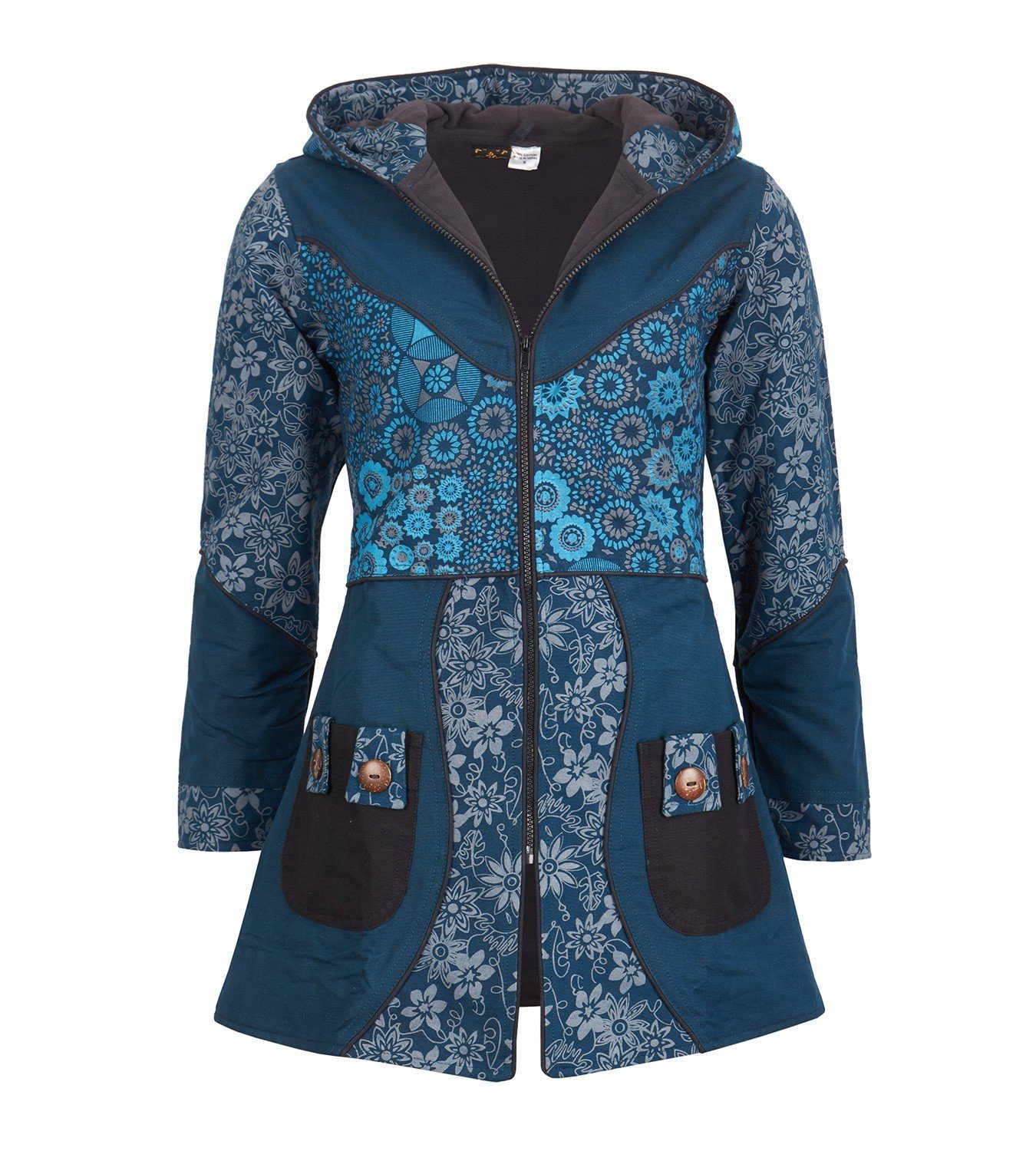 Langjacke Kunst und Magie Damenmantel + Kapuze Blumenmuster Jacke Baumwolle Boho