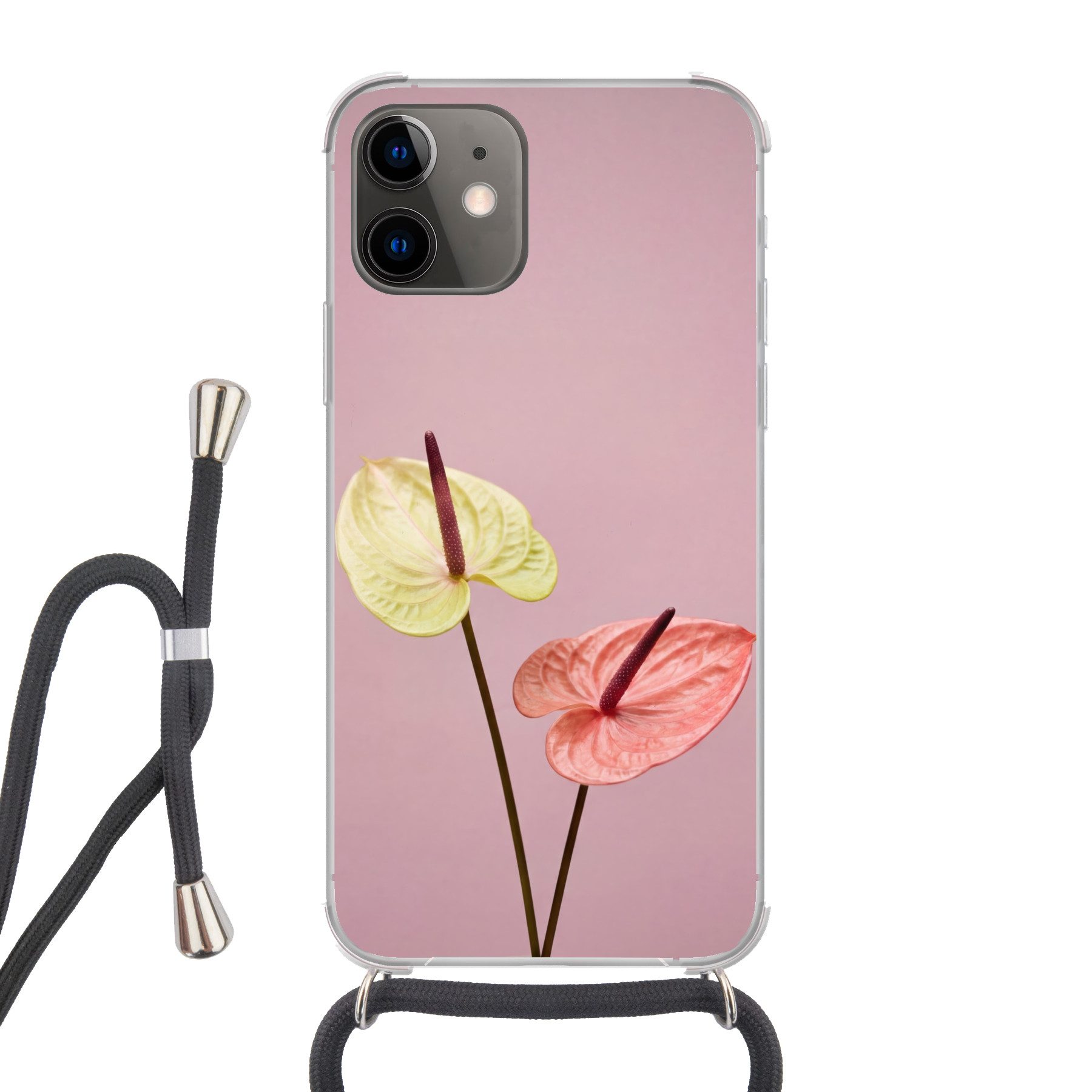 MuchoWow Handyhülle für Apple iPhone 11 Blumen - Anthurien - Gelb - Rosa, Tragbare Handyhüllen mit Kette zum umhängen, Handykette Handyband