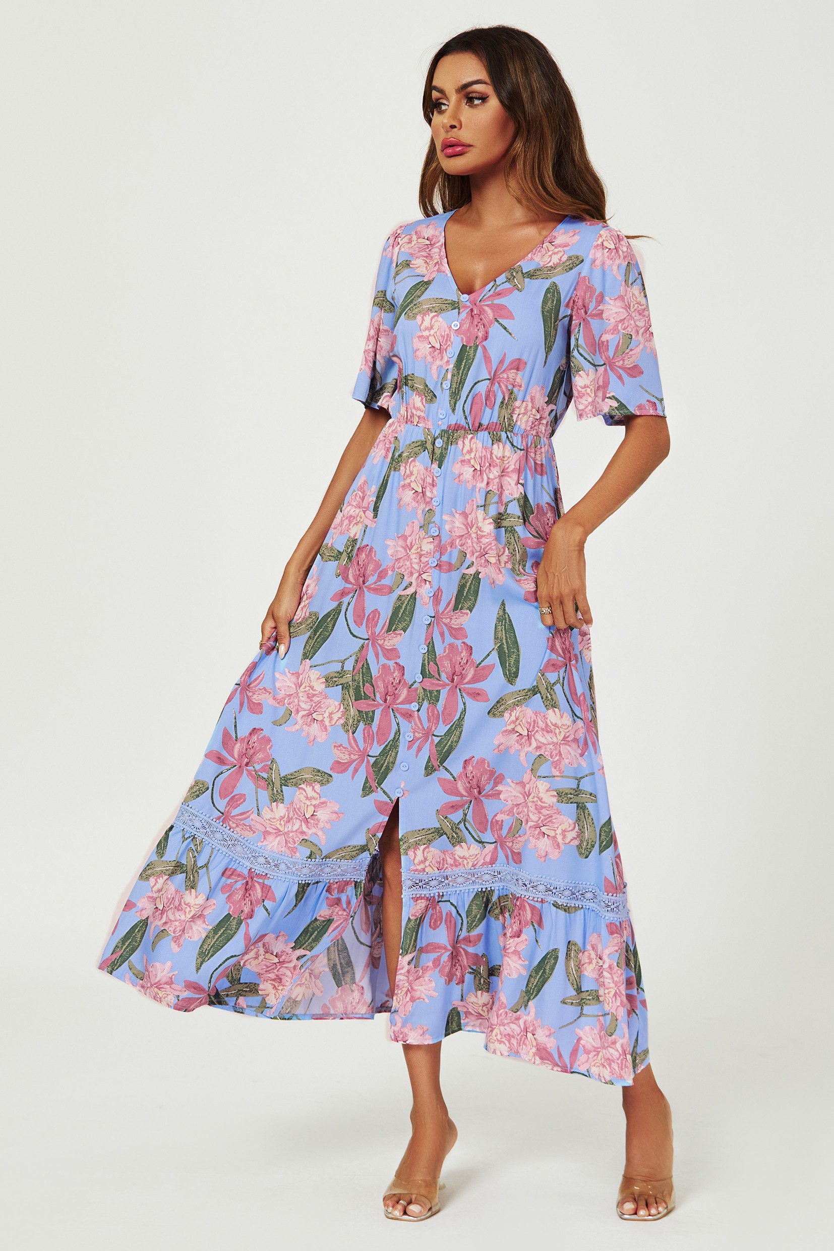 FS Collection Maxikleid Damen Maxikleid Sommerkleid Blumenkleid V-Ausschnitt Kurzarm (XS (EU:36 / UK:8) · S (EU:38 / UK:10) · M (EU:40 / UK:12) · L (EU:42 / UK:14) · XL (EU:44 / UK:16) Blumenmuster, Spitzendetails, Maxilänge, V-Ausschnitt, fließender Fall