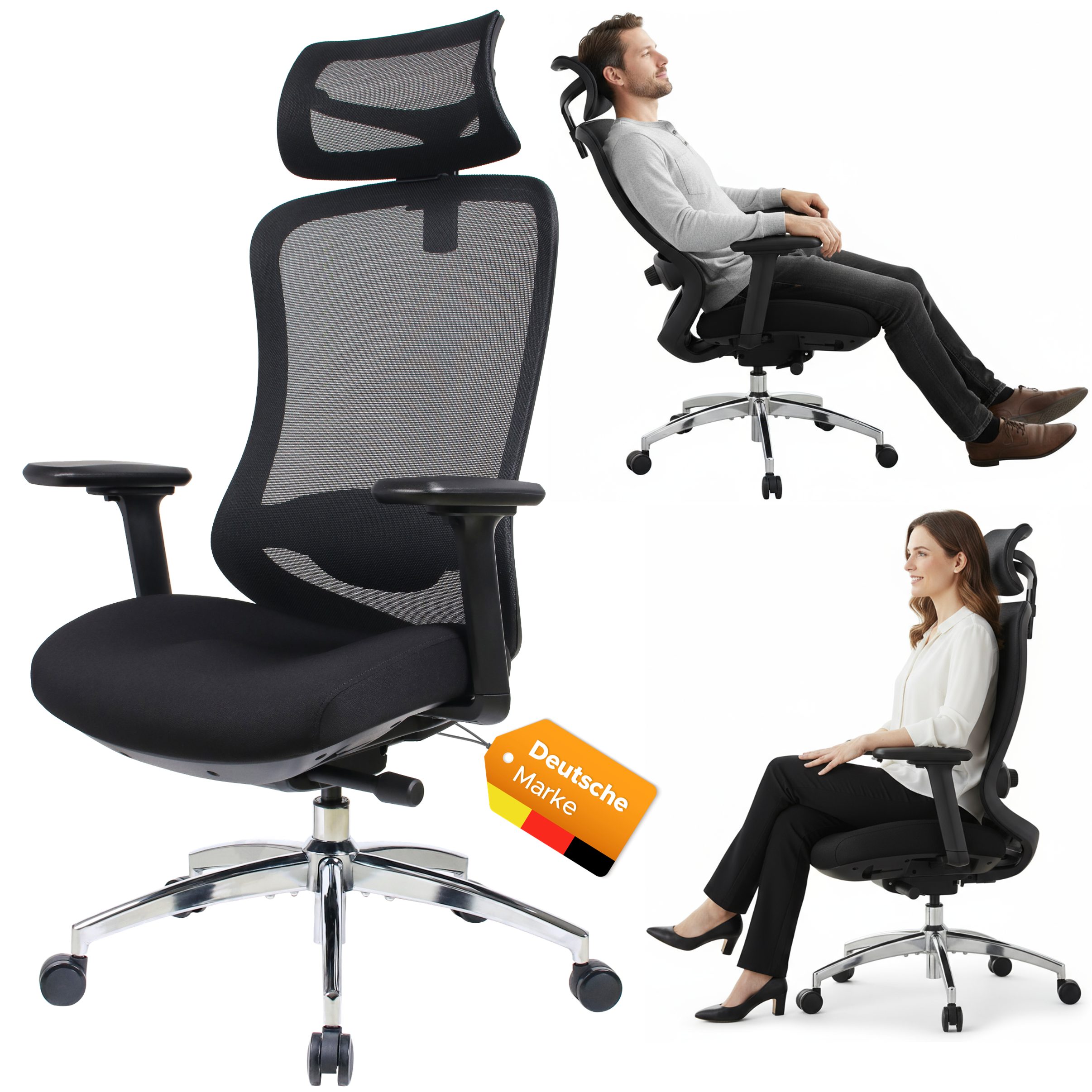 TITANO Bürostuhl E5 (Ergonomischer Bürostuhl mit Neigungsfunktion, 4D-Armlehnen, Lendenwirbelstütze & Kopfstütze – Drehstuhl für Home Office & Büro, 150 kg Belastbar, Ergonomic Schreibtischstuhl)