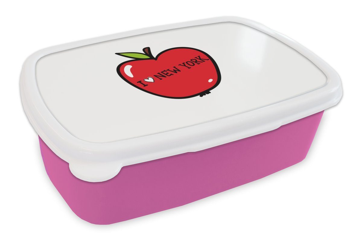 MuchoWow Lunchbox New York - Apfel - Rot, Kunststoff, (2-tlg), Brotbox für Erwachsene, Brotdose Kinder, Snackbox, Mädchen, Kunststoff rosa