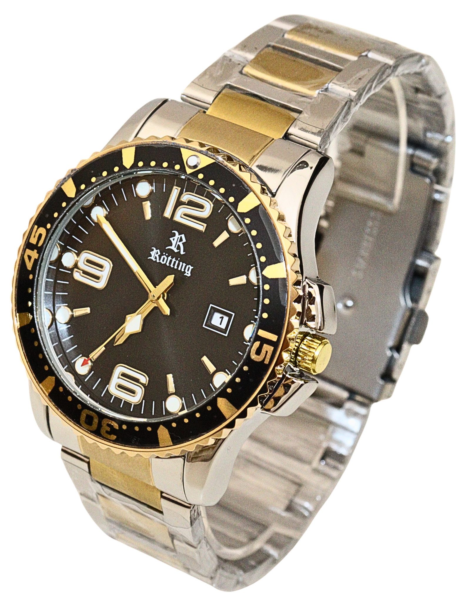 Rötting Design Quarzuhr Herrenuhr Datumsanzeige schwarz goldfarbene Lünette zum Drehen, Gehäuse und Armband IP beschichtet, einseitig drehbare Lünette