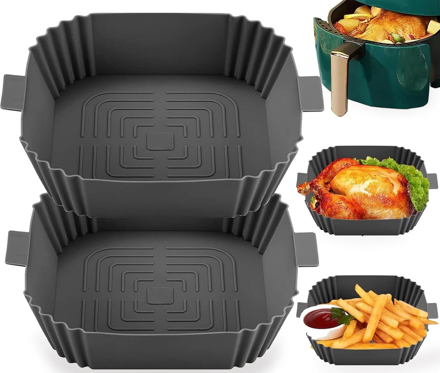 Diwzbyn Silikonform für Heißluftfritteuse – Wiederverwendbare Airfryer Einlage, (2-tlg), Antihaft & Hitzebeständig, Zubehör für runde und eckige Körbe