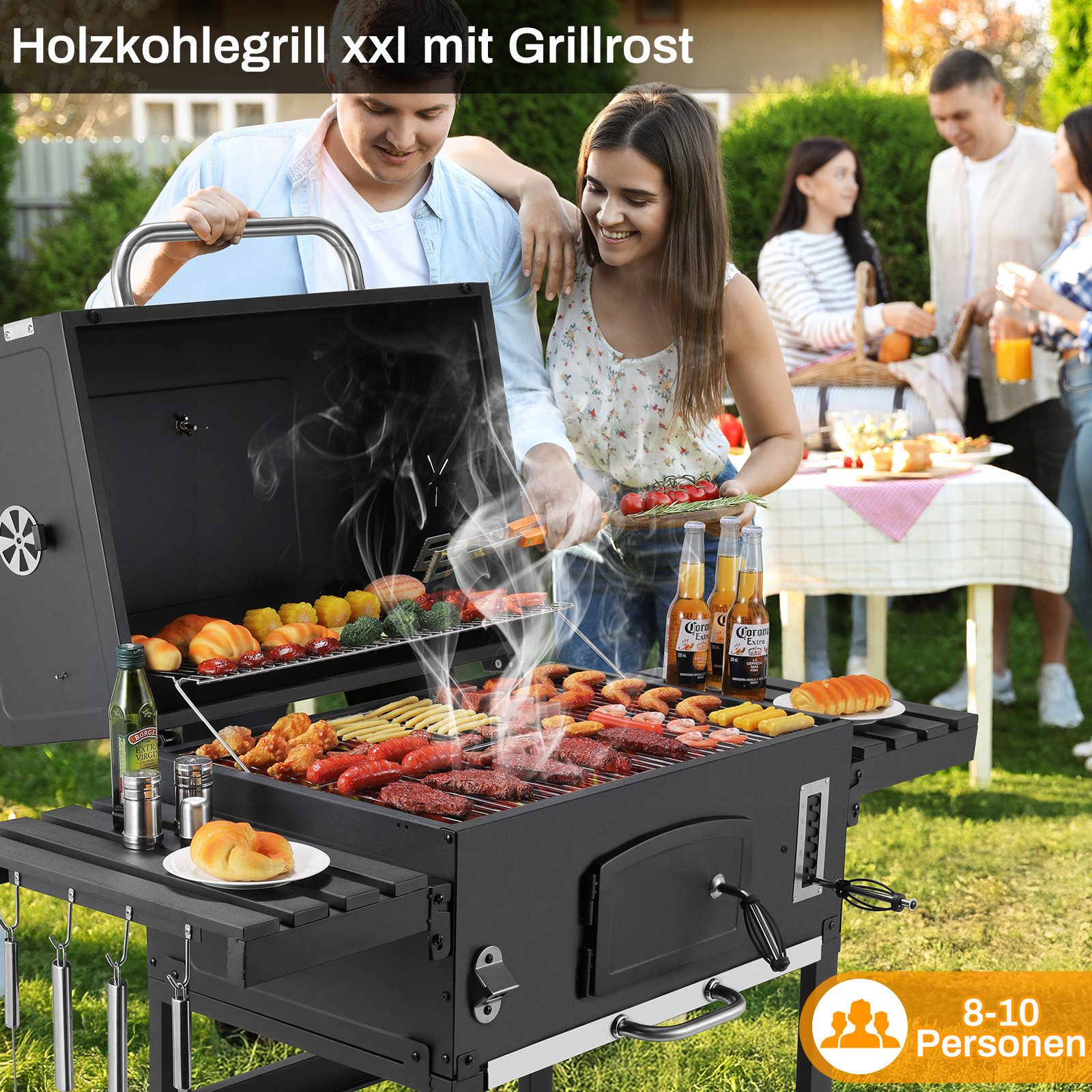 TLGREEN Holzkohlegrill XXL mit Deckel, Thermometer und Schornstein, BBQ Grillwagen für Garten & Camping, Höhenverstellbar, Klappbare Seitentische, Abnehmbarer A – Bild 5 von 5