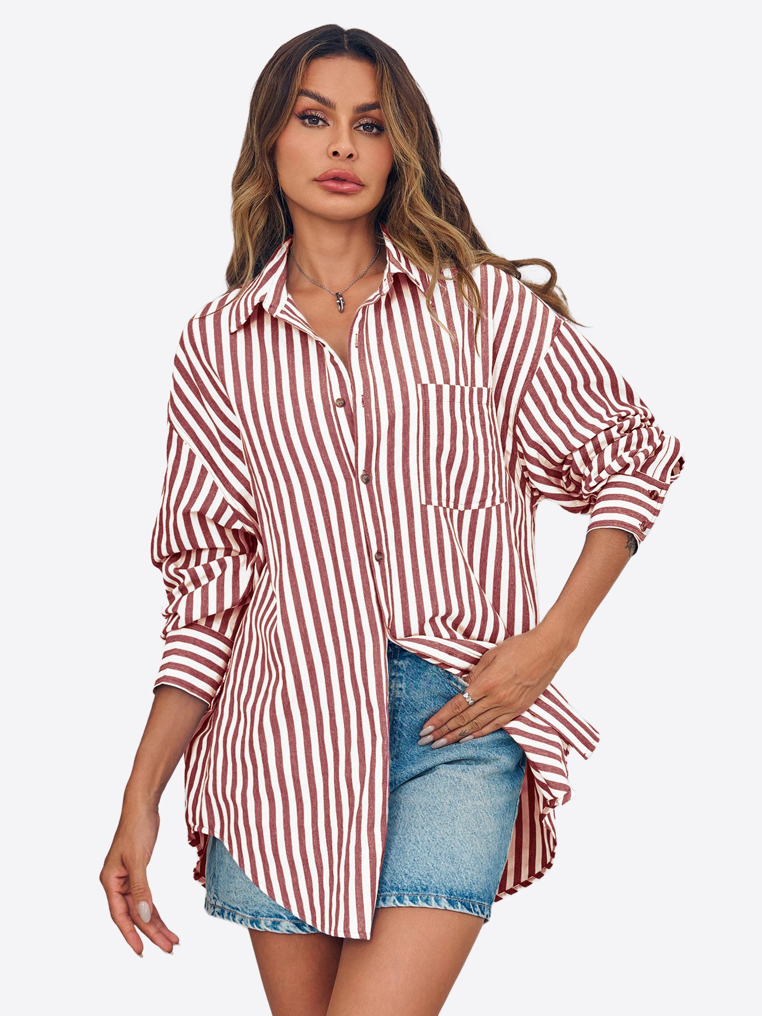 Imily Bela Blusenshirt Damen Übergroße gestreifte Button-Down-Hemden (Packung, 1-tlg., 1per-Pack) Streifen