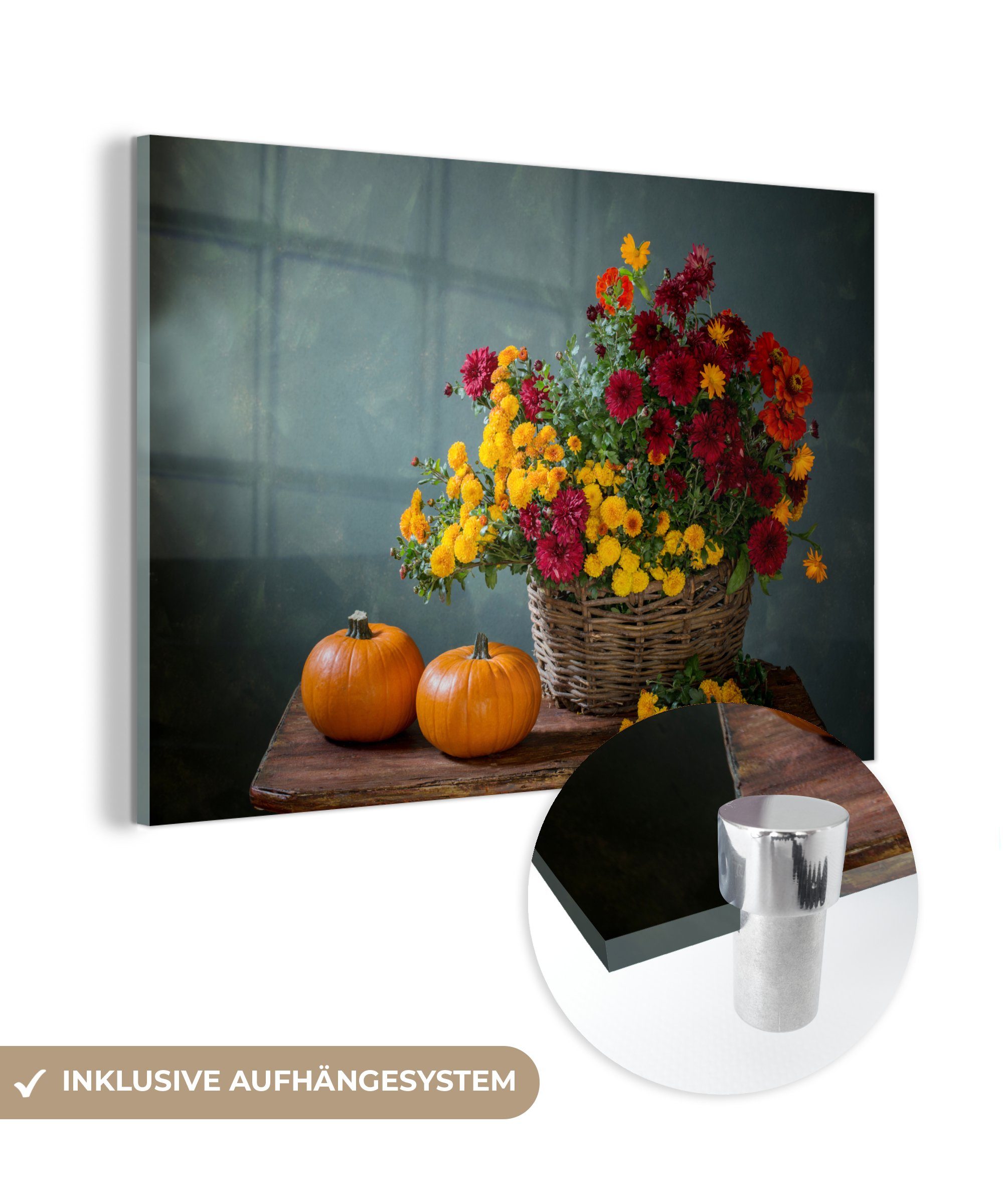MuchoWow Acrylglasbild Korb - Kürbis - Chrysantheme, (1 St), Glasbilder - Bilder auf Glas Wandbild - Foto auf Glas - Wanddekoration