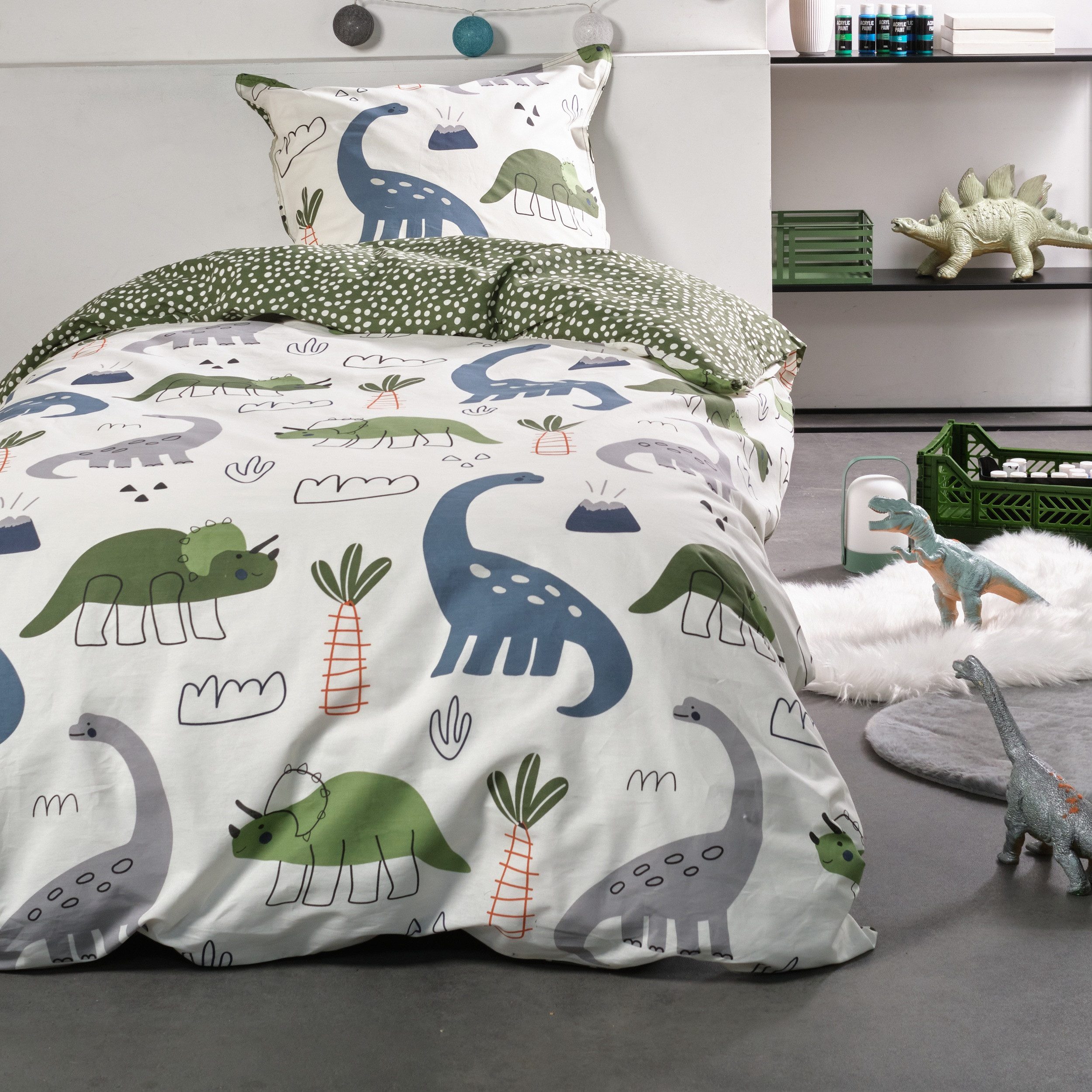 Familando Kinderbettwäsche "Happy Dinos" Dinosaurier Grün 135x200 + 80x80 c günstig online kaufen
