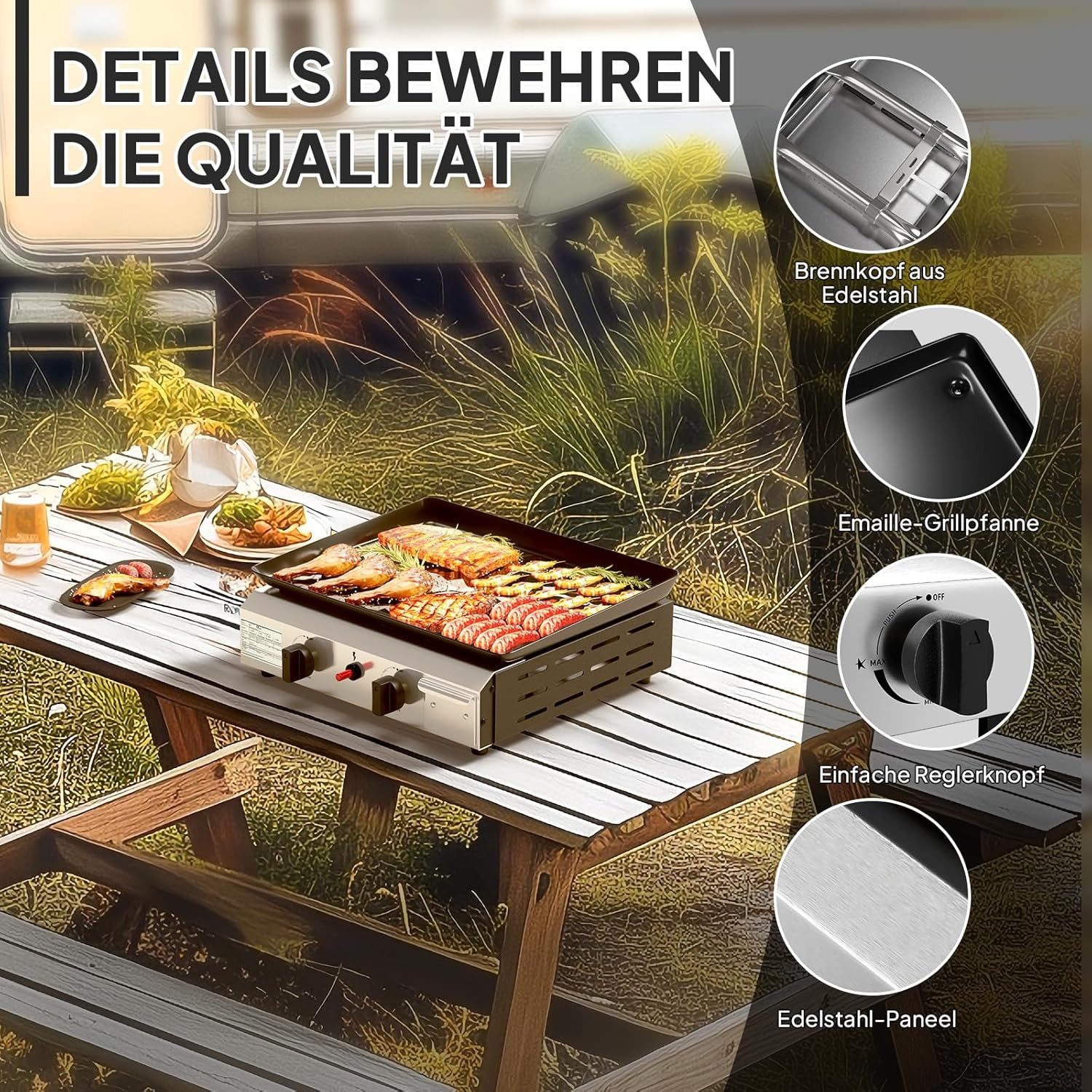 LALAHO Gasgrill Tischgasgrill mit 2 Brennern, Gas grill Camping 5.86 kW, Emaillierter Antihaft-Grillplatte & Ein-Klick-Zündung für Camping – Bild 3 von 5