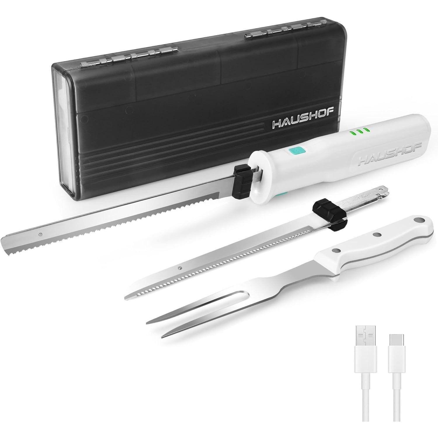 LuxusKollektion Cuttermesser Elektromesser kabellos 2Klingen Edelstahl Brot Fleisch Box Weiß