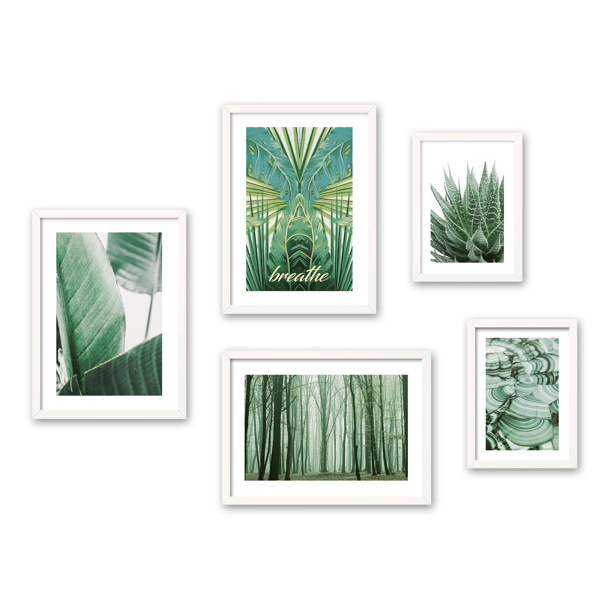 Poster, Natur, Pflanzen, Grün, Wald, Blätter (Set, 5 St), 5-teiliges Poster-Set, Kunstdruck, Wandbild, Posterwand, Bilderwand, optional mit Rahmen, WP605