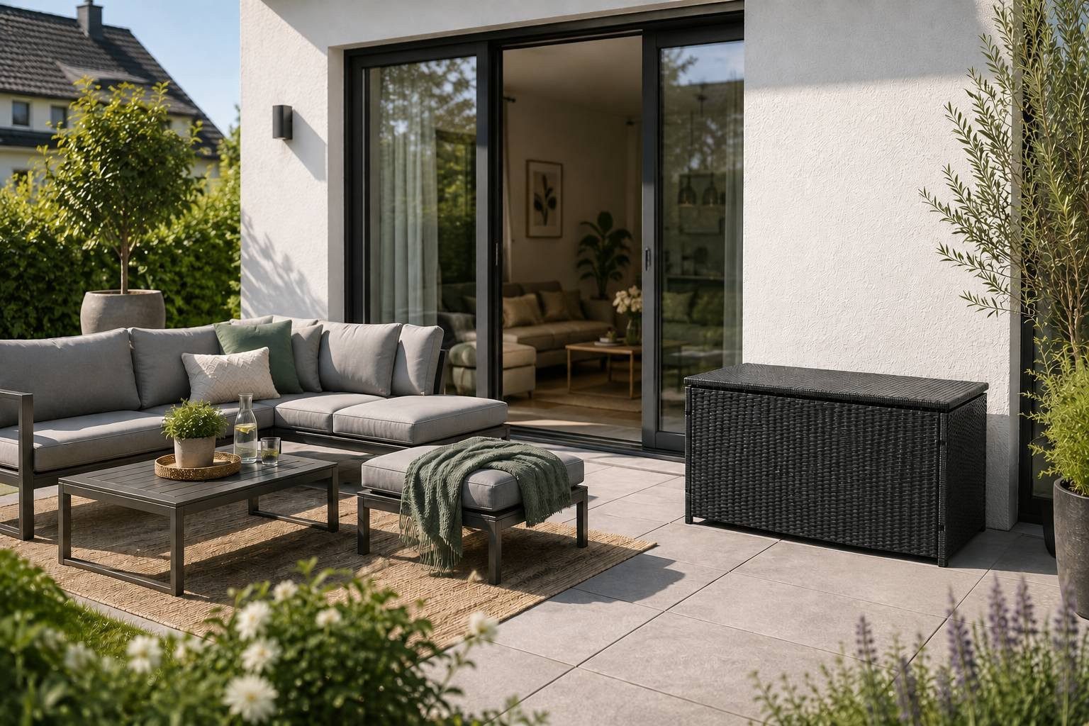 TEICO GROUP Kissenbox Polyrattan Kissenbox 300L Auflagenbox Gartenbox Balkon Terrasse, Gasdruckfeder