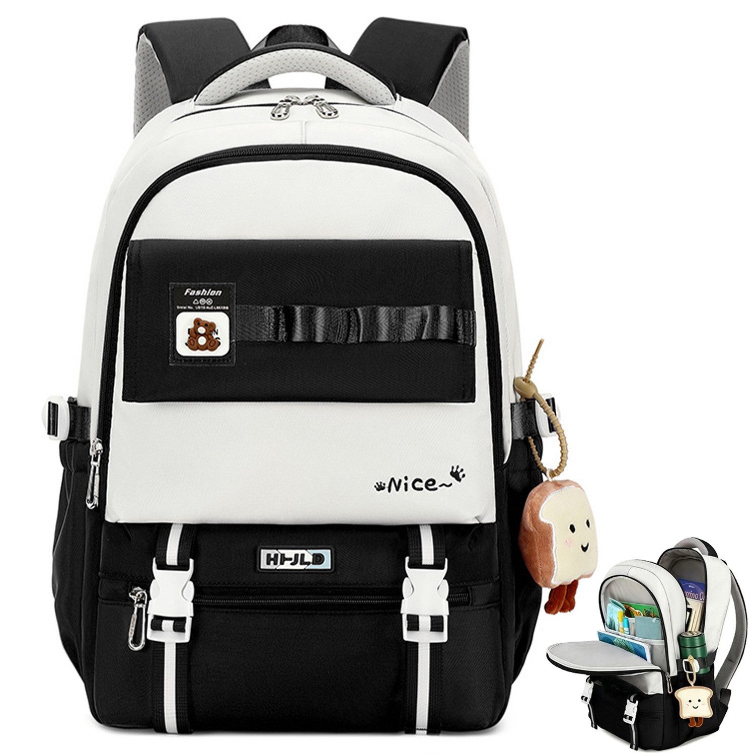 MOPUEA Schulranzen Schulrucksack Teenager Mädchen 38L, mit Süßer Anhänge (Daypack Tagesrucksack Wasserdicht Daypack School Bag, 1-tlg., Schulranzen Lässiger Daypack aus Nylon für Realschule Gymnasium), Schulranzen Damen Herren Schulrucksack Mädchen