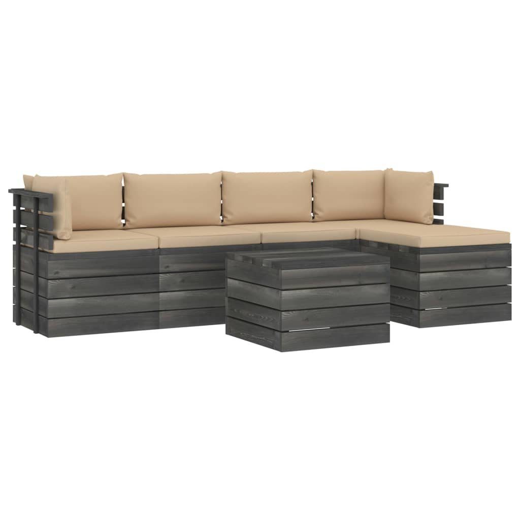 vidaXL Paletten (6-tlg) Gartenlounge-Set Garten-Sofagarnitur aus Beige mit Kiefernholz, Kissen 6-tlg.